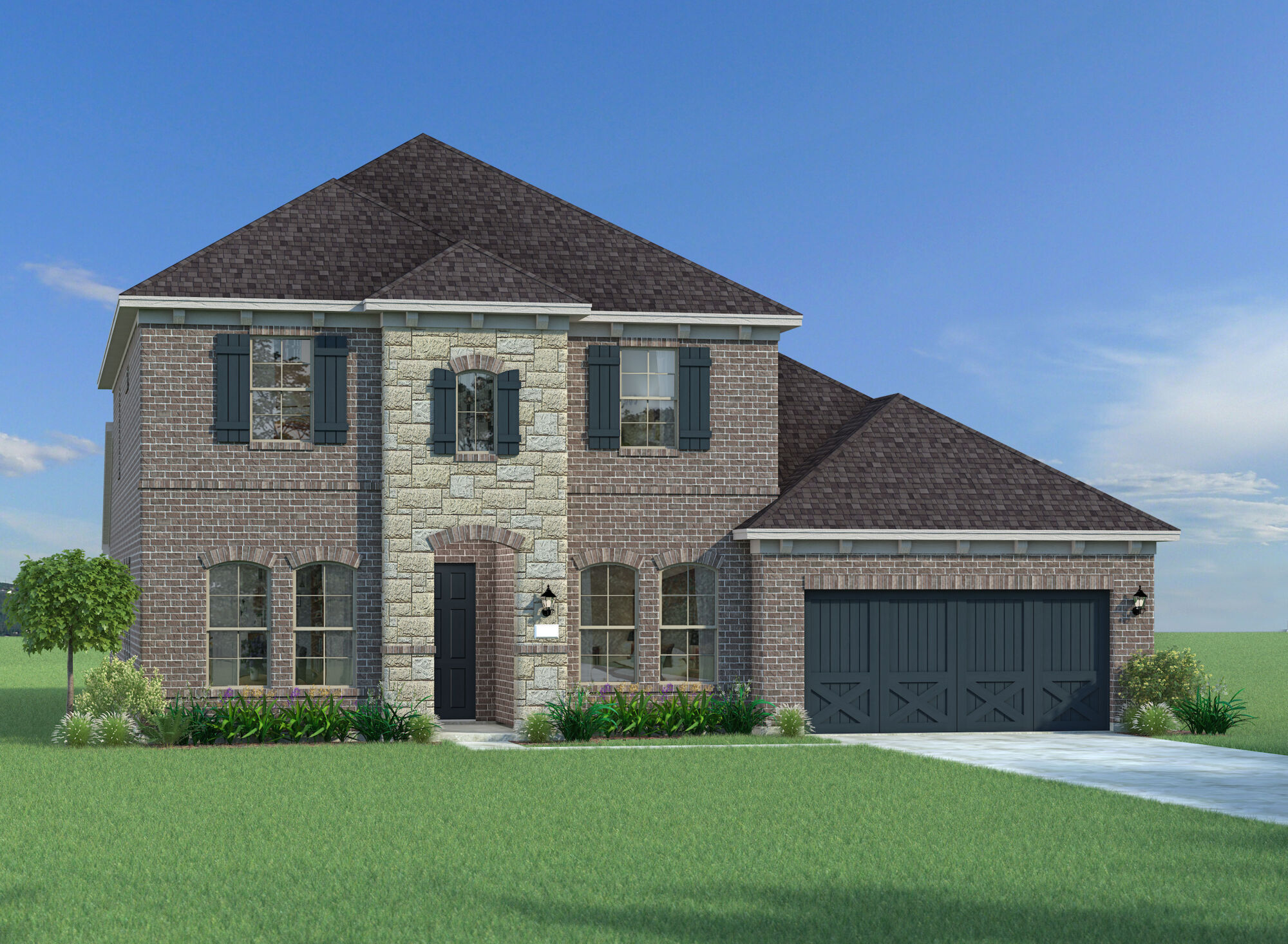Elevation Front with window, garage, door, exterior brick and exterior stone