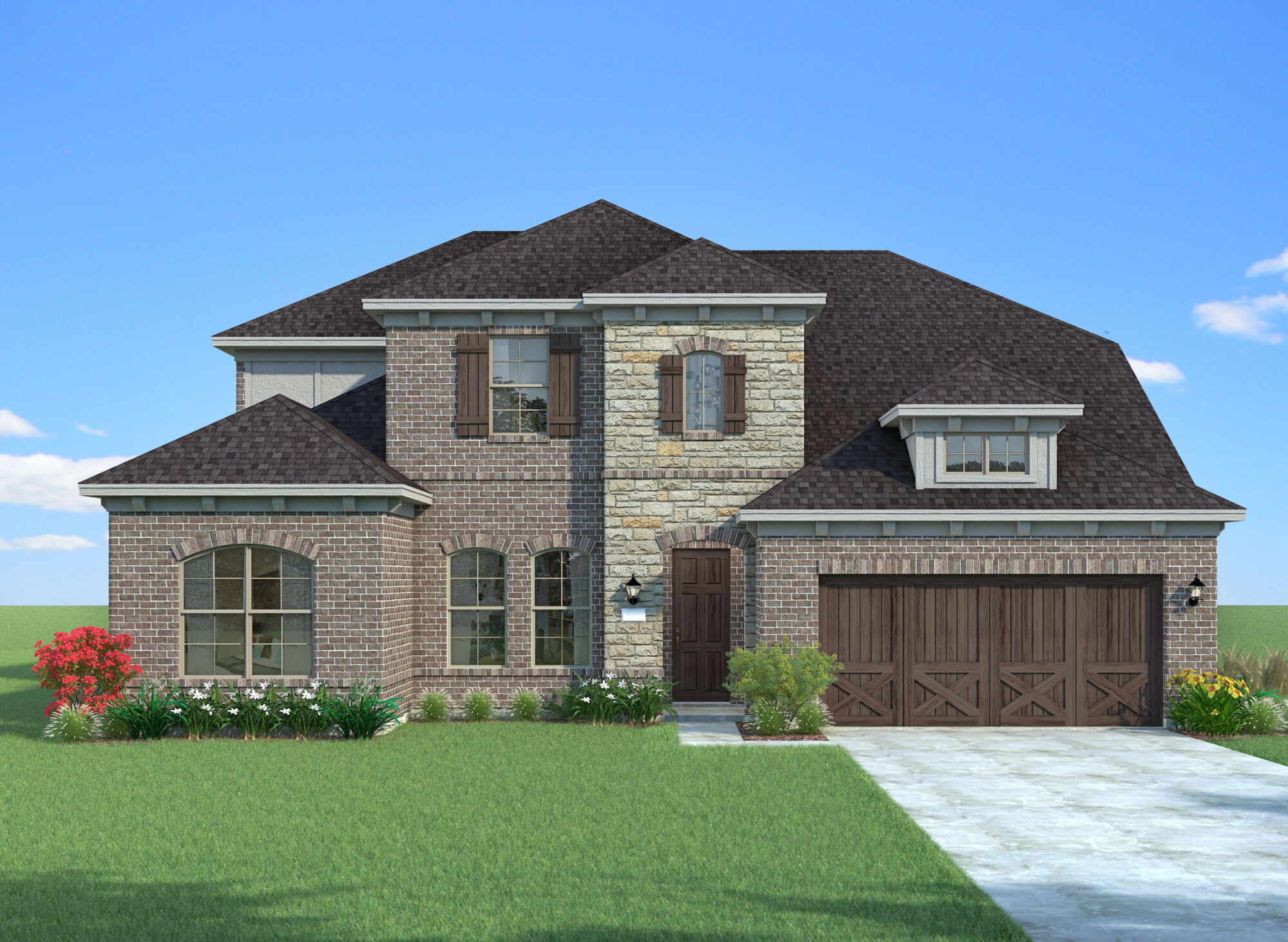  Elevation Front with window, garage, door, exterior stone and exterior brick