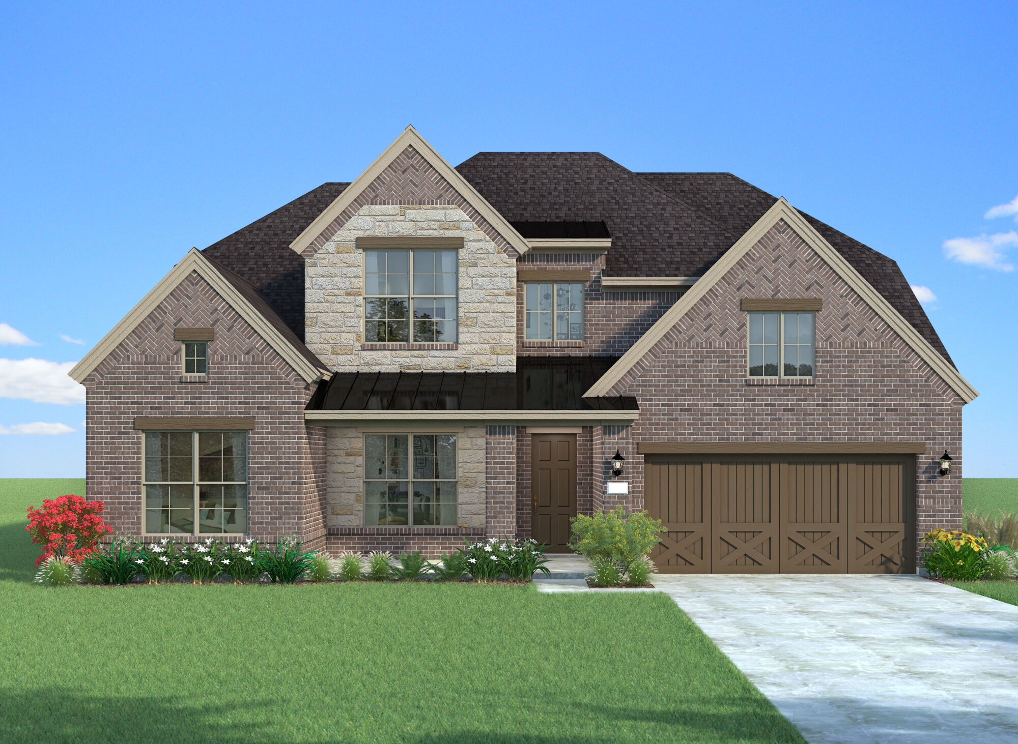  Elevation Front with garage, window, door and exterior brick