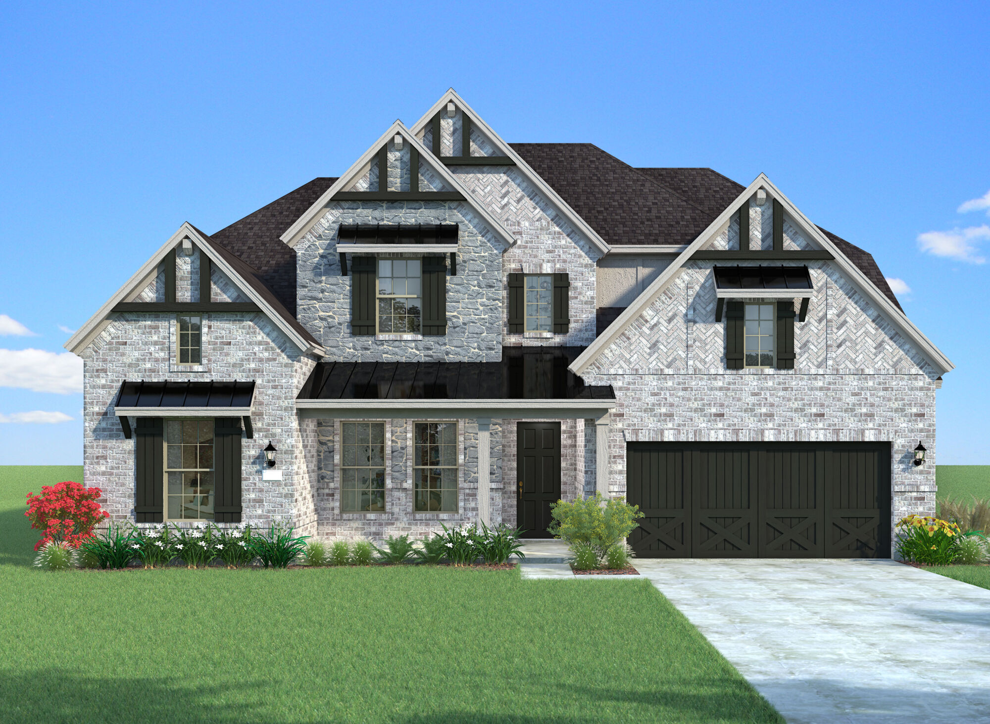  Elevation Front with window, garage, door, exterior stone and exterior brick
