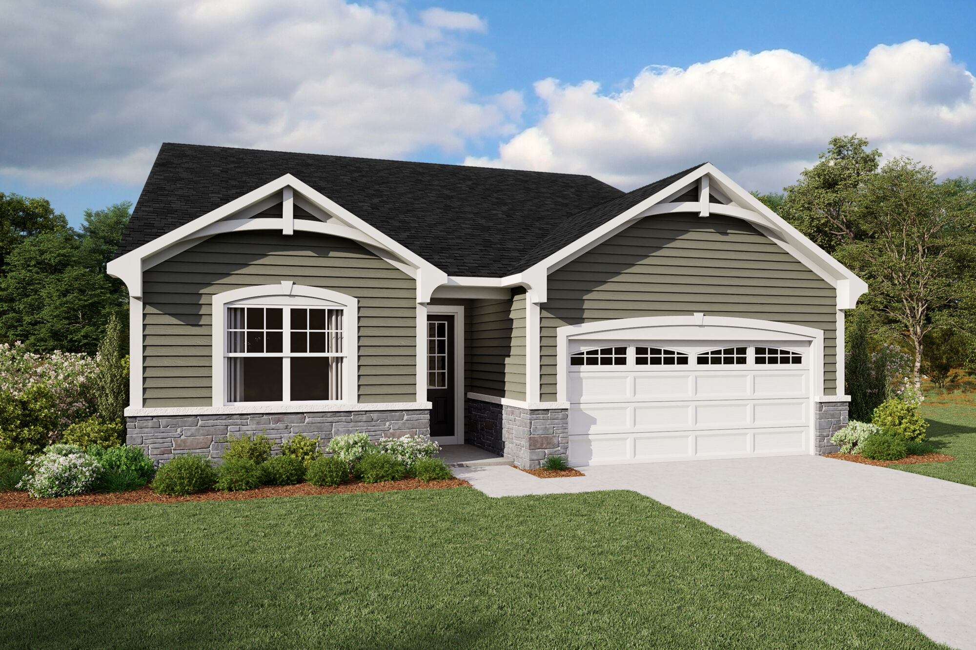  Elevation Front with window, garage, door, exterior stone and exterior clapboard