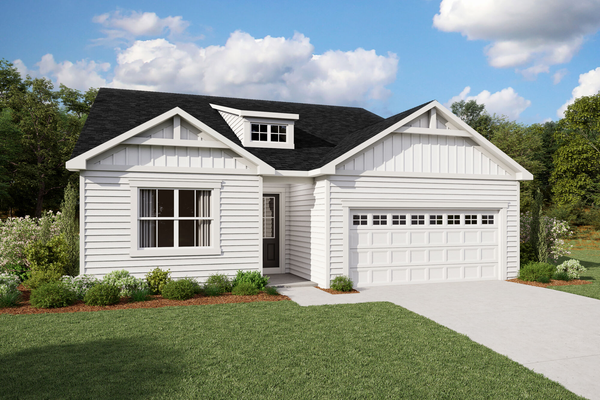  Elevation Front with garage, window, door and exterior clapboard