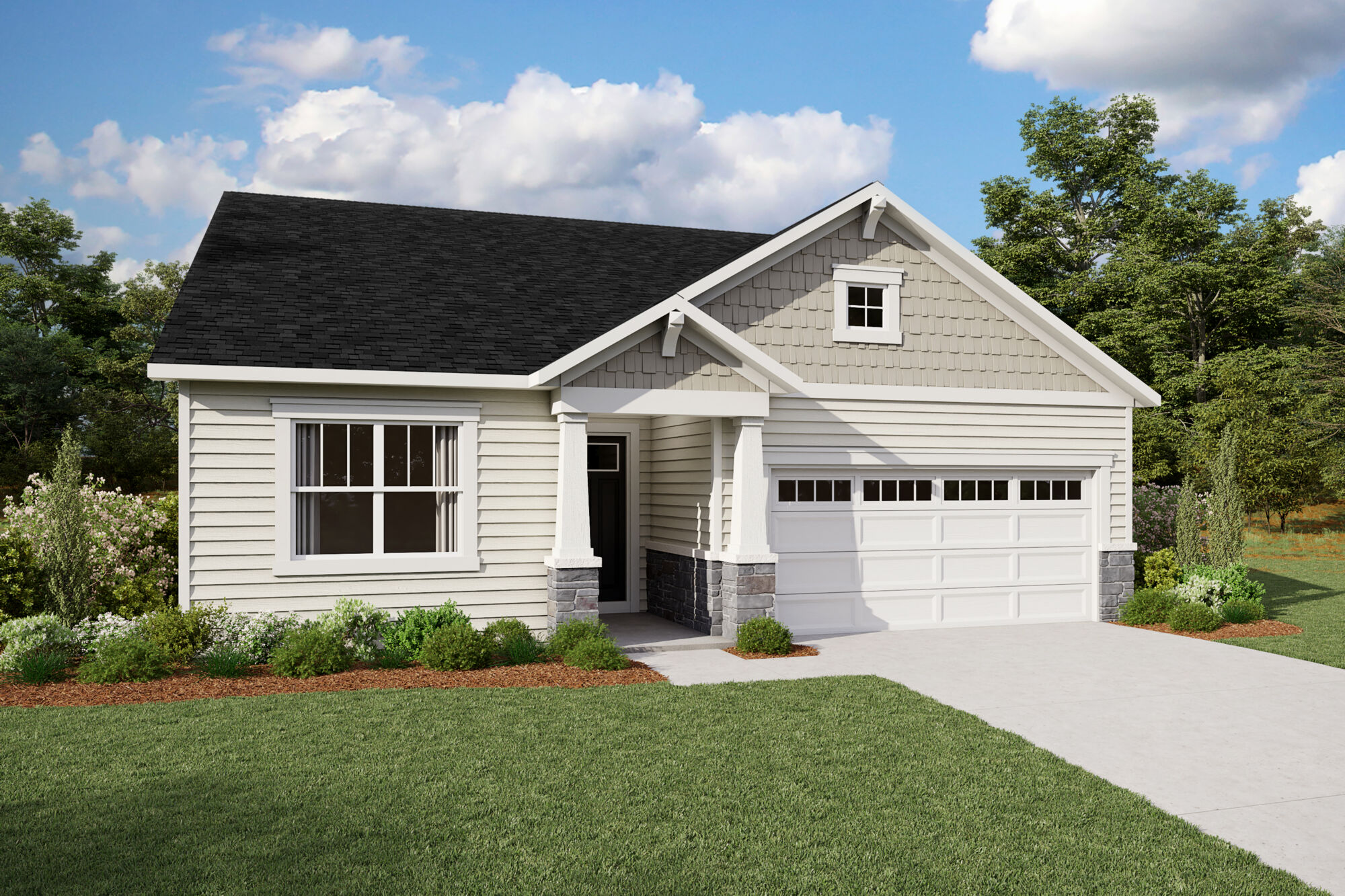  Elevation Front with garage, door, window and exterior clapboard