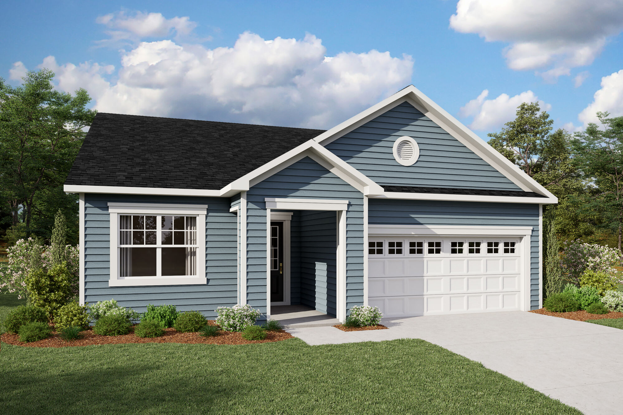  Elevation Front with garage, window, door and exterior clapboard