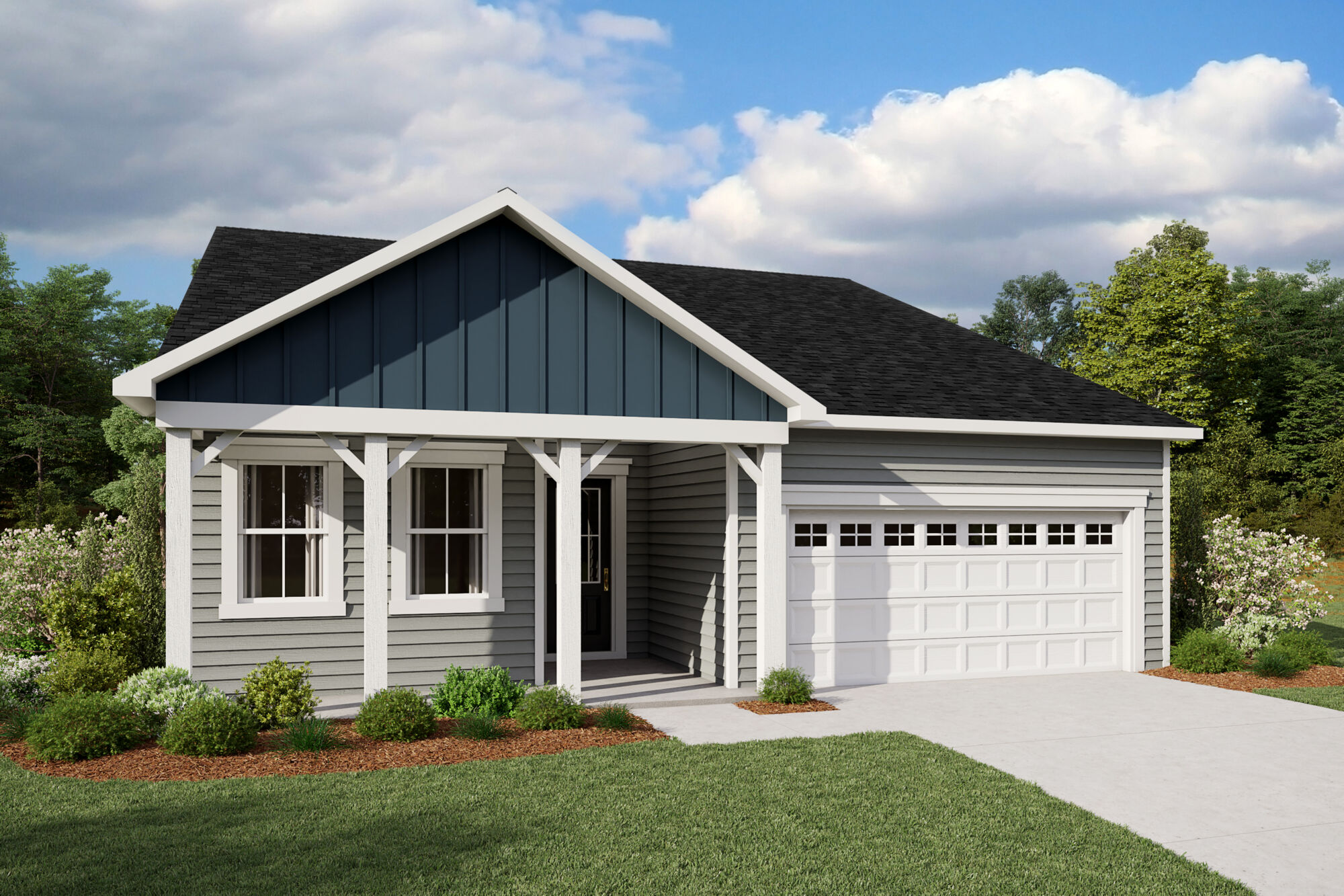  Elevation Front with garage, window, door and exterior clapboard