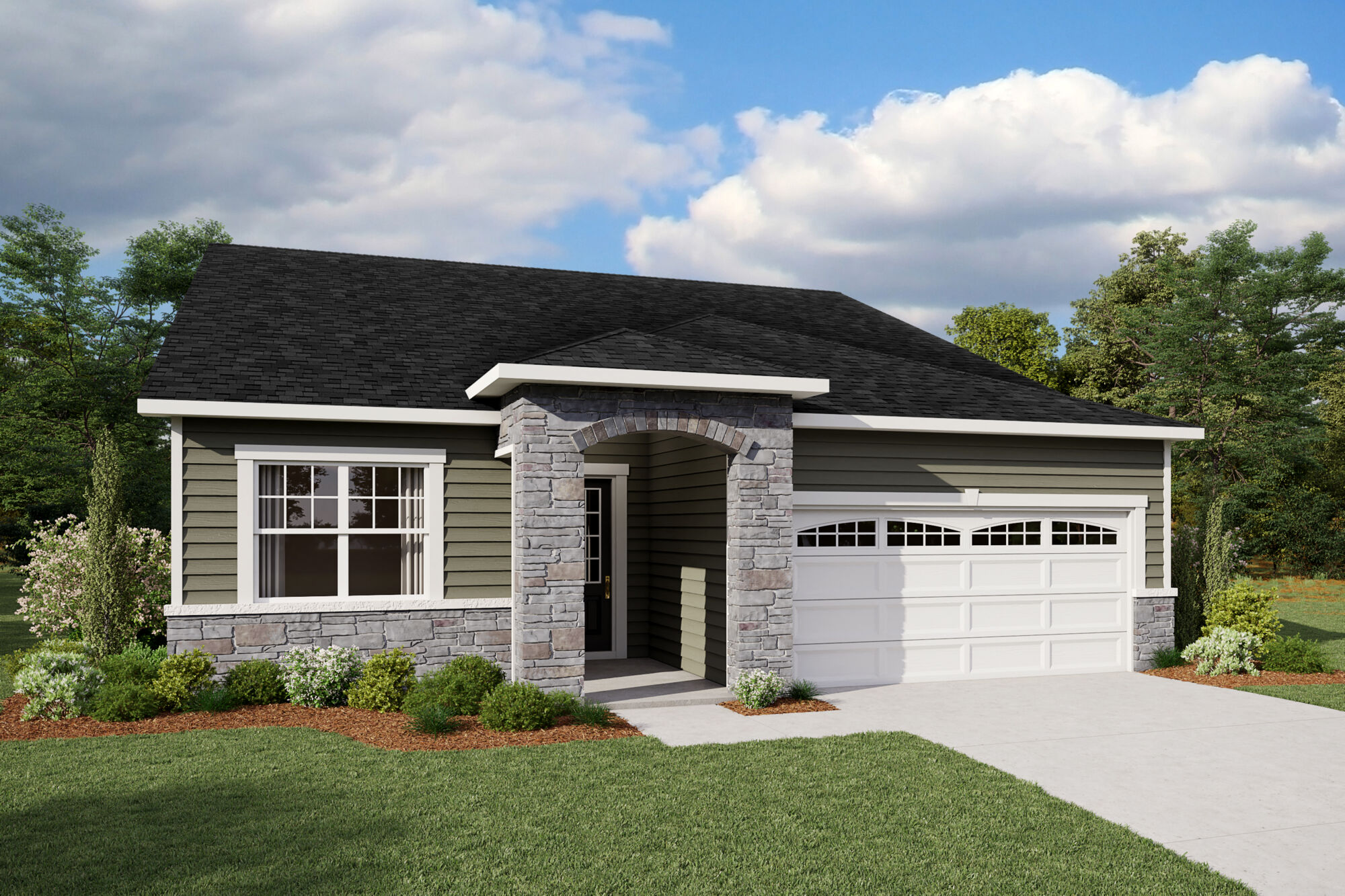  Elevation Front with garage, window, exterior clapboard, exterior stone and door