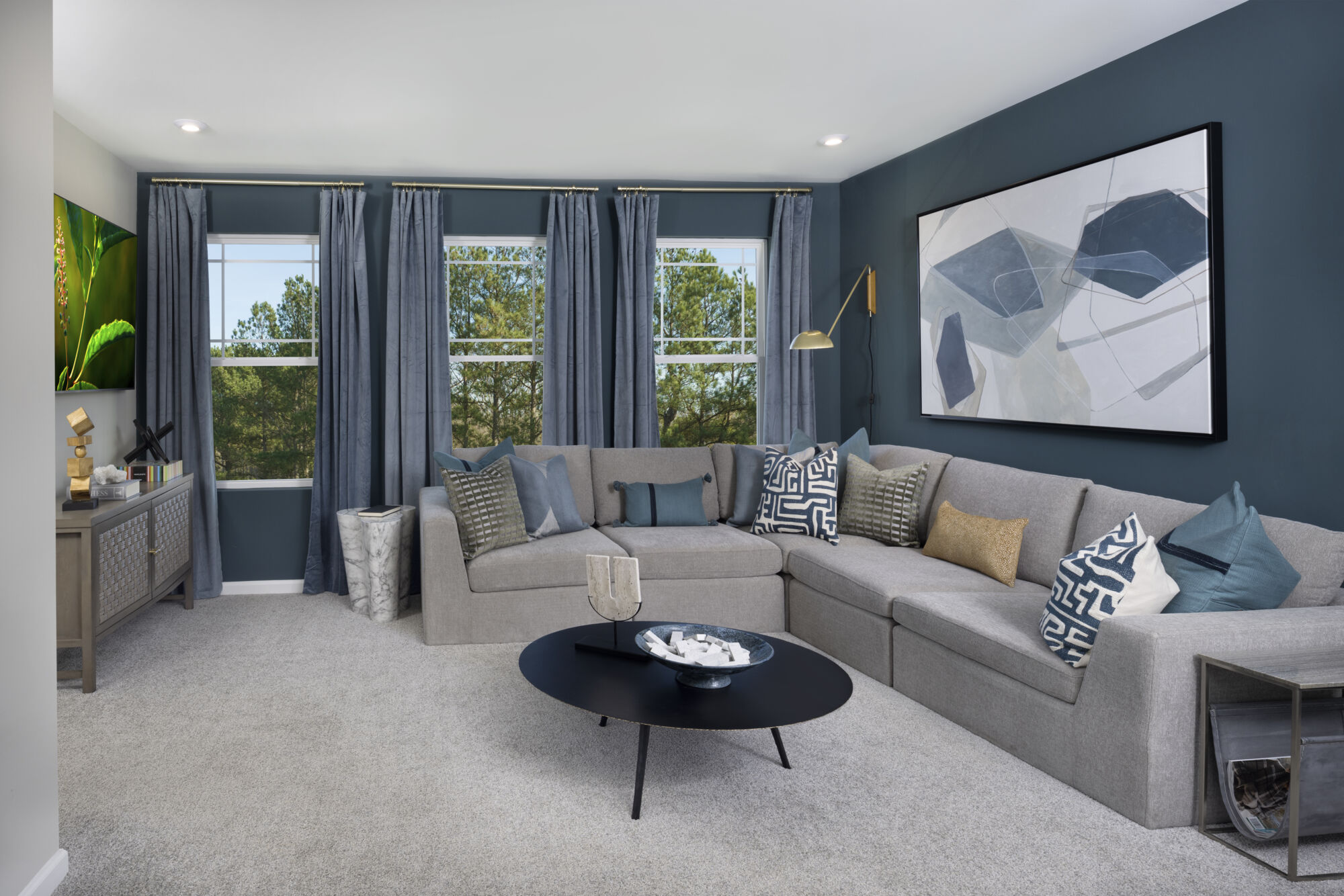  Media Room with painting, window, curtains and carpet