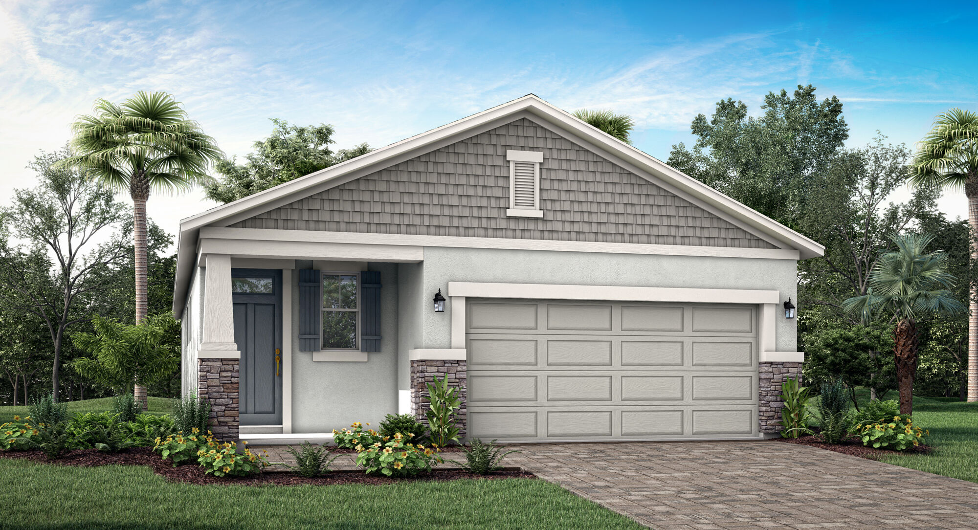  Elevation Front with garage, window, door and exterior stone