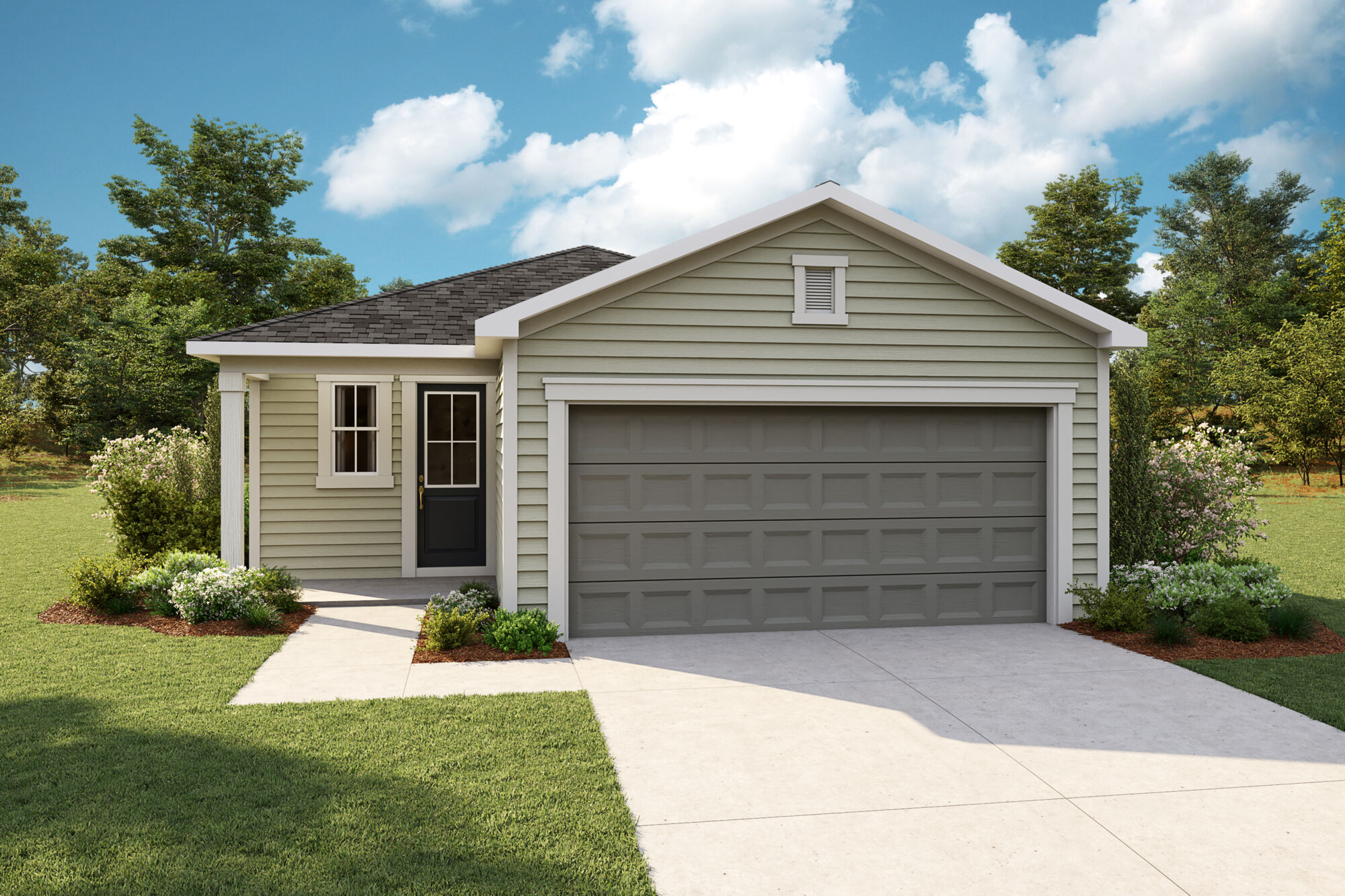  Elevation Front with garage, window, door and exterior clapboard