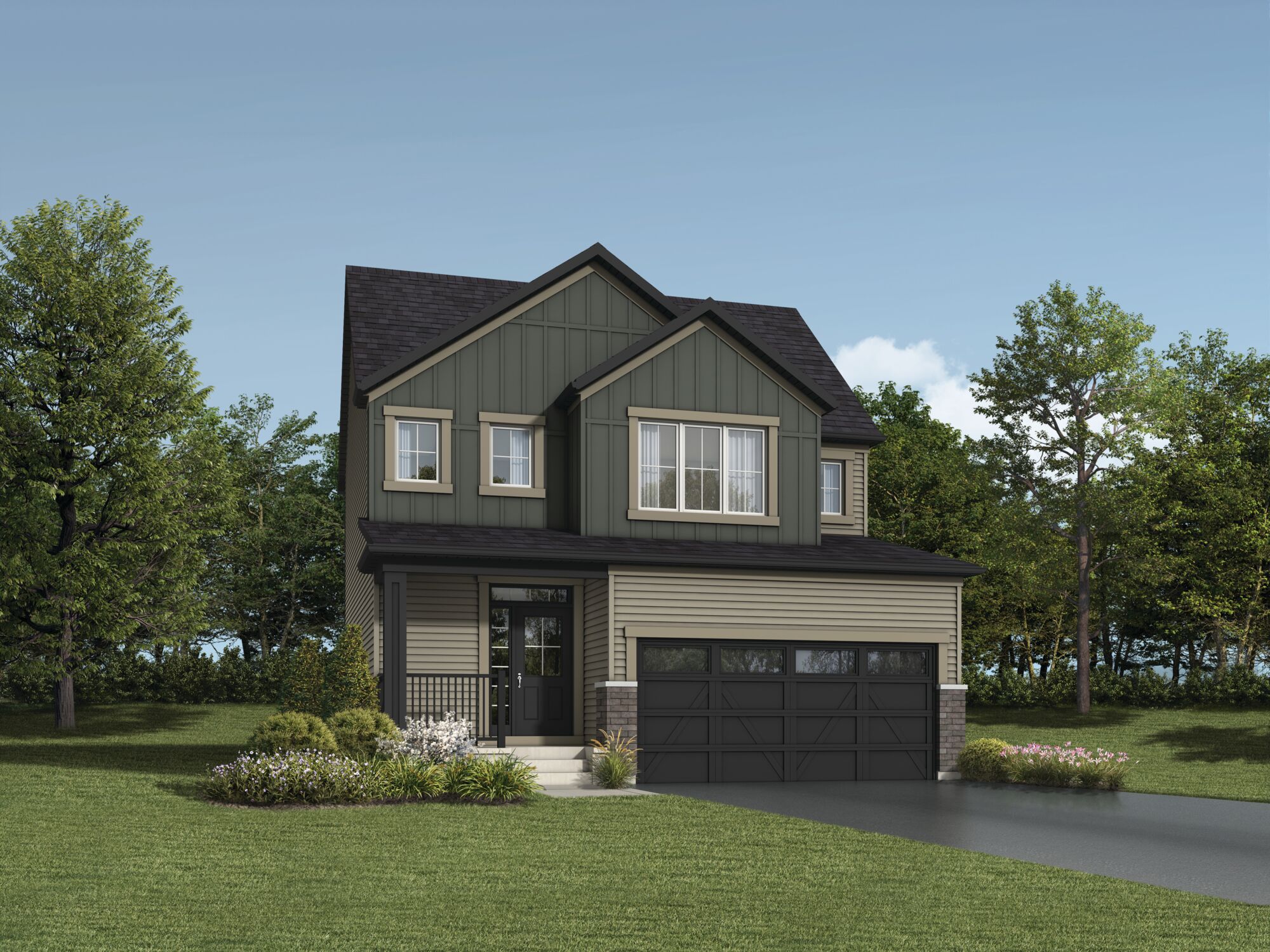 Cypress Farmhouse Elevation, featuring 3 medium sized windows and one large window across the front of the home on the second floor. Two car garage at the front of the home with a walk way from the driveway up to the front porch of the home to the left.