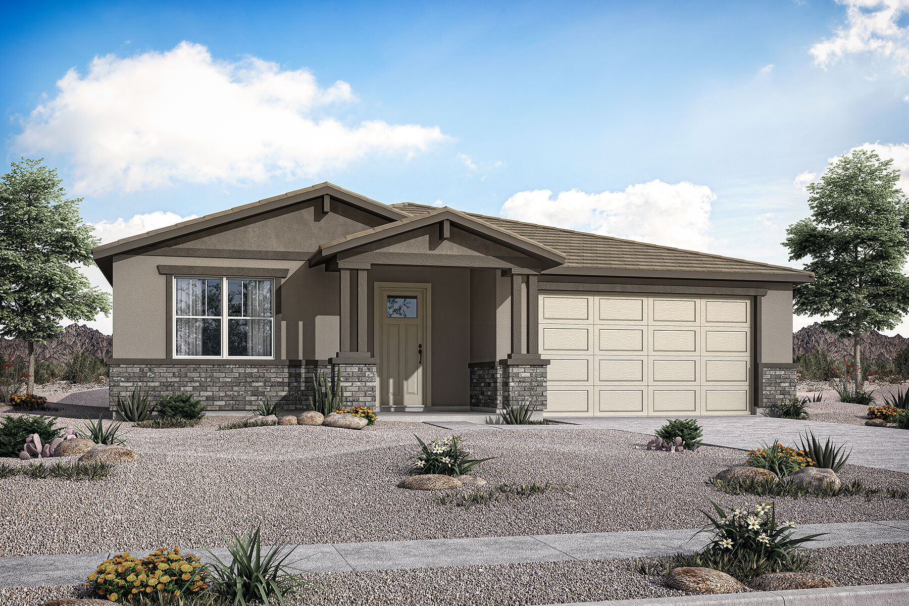  Elevation Front with garage, door, window and exterior stone