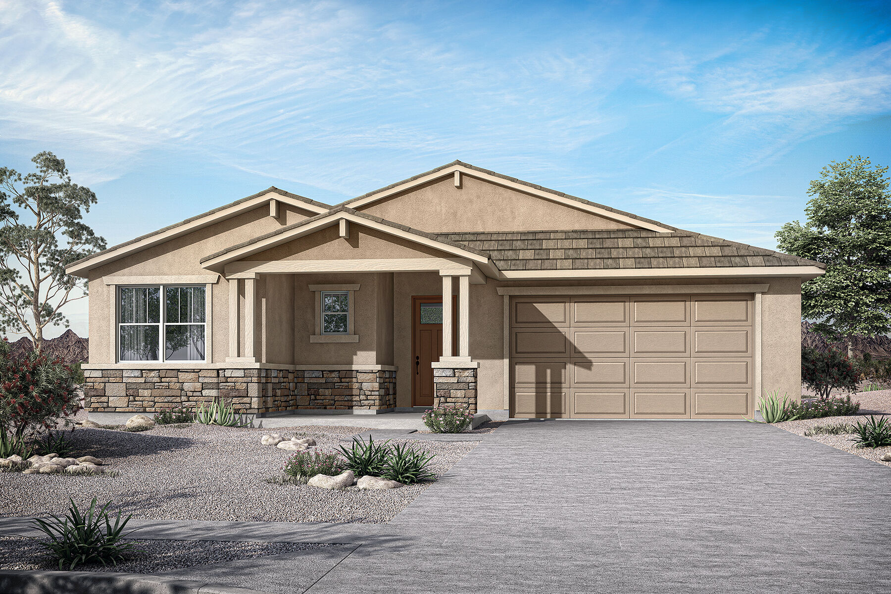  Elevation Front with garage, door, window and exterior stone