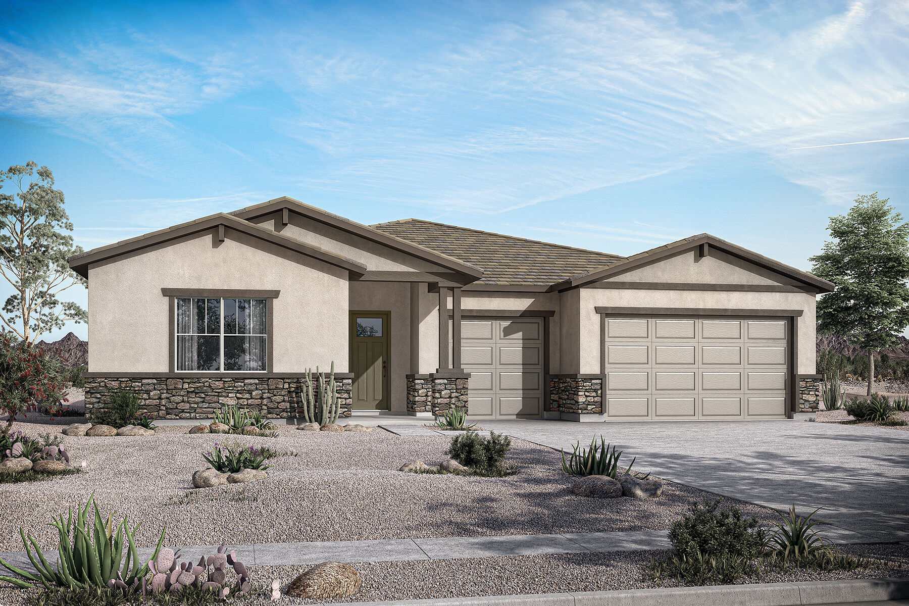  Elevation Front with garage, window, door and exterior stone