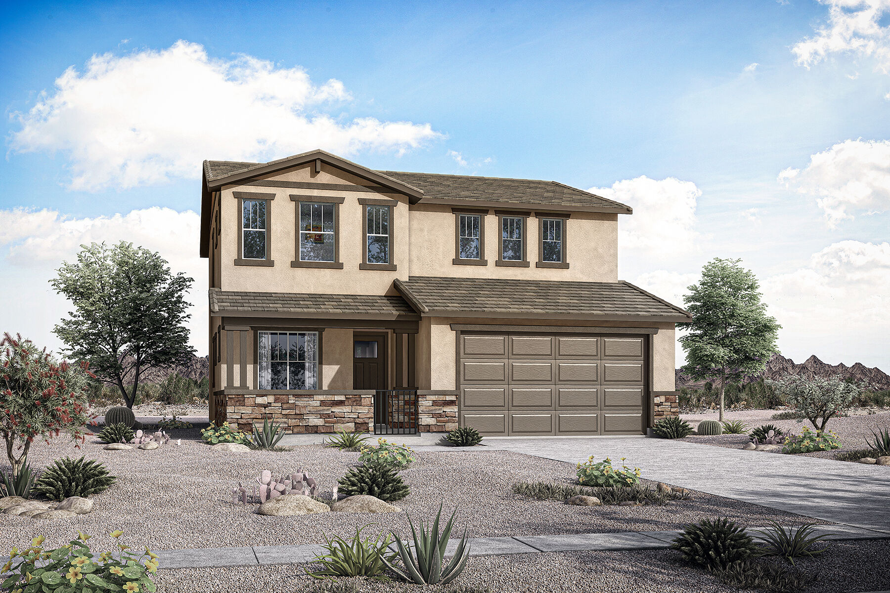  Elevation Front with garage, window, door and exterior stone