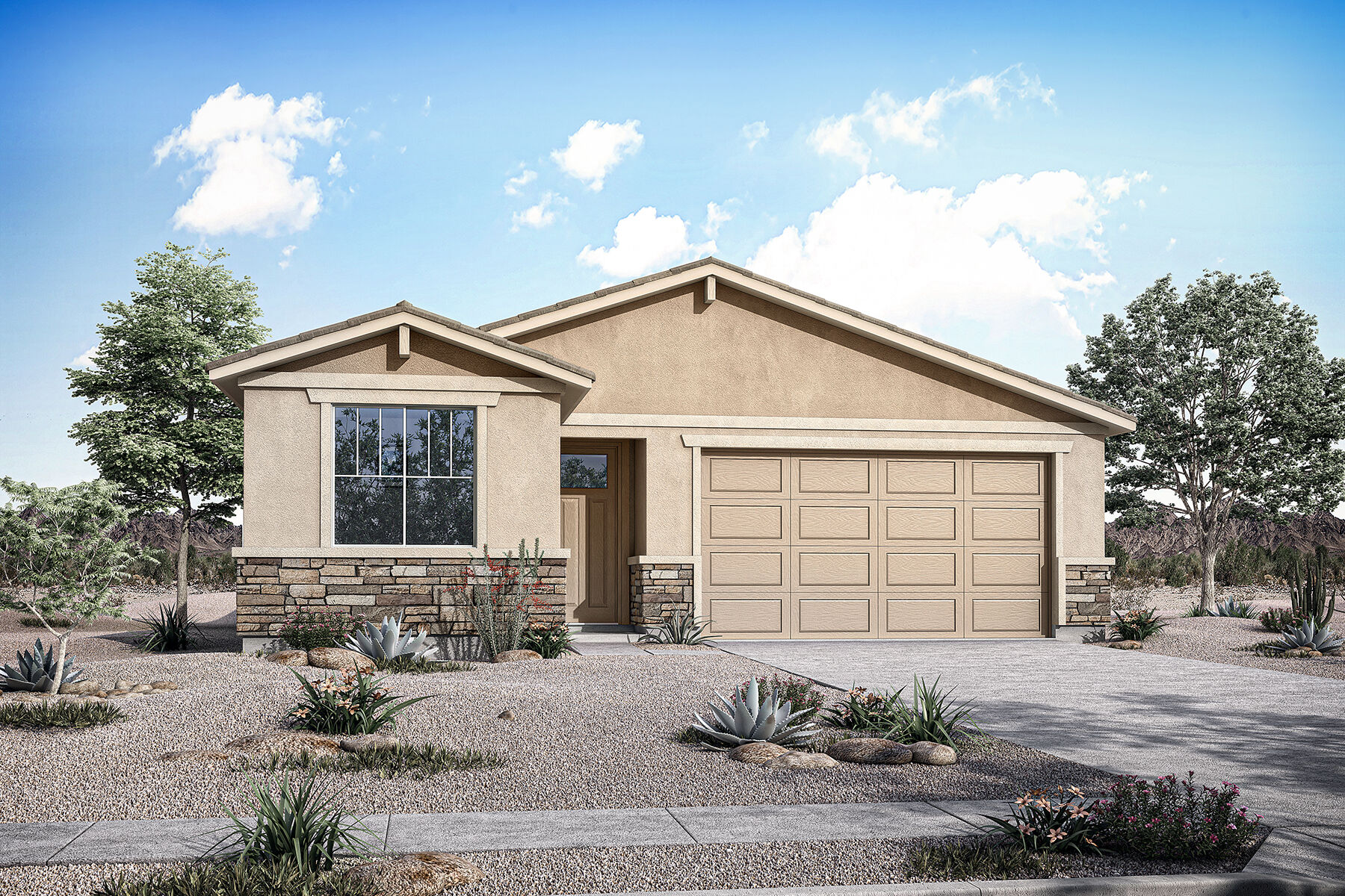  Elevation Front with garage, door, window and exterior stone