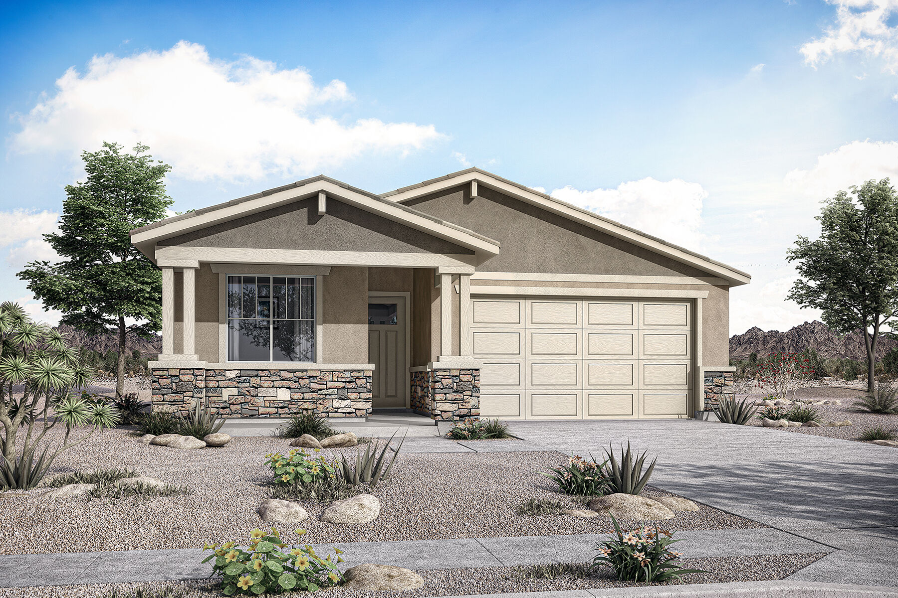  Elevation Front with garage, window, door and exterior stone