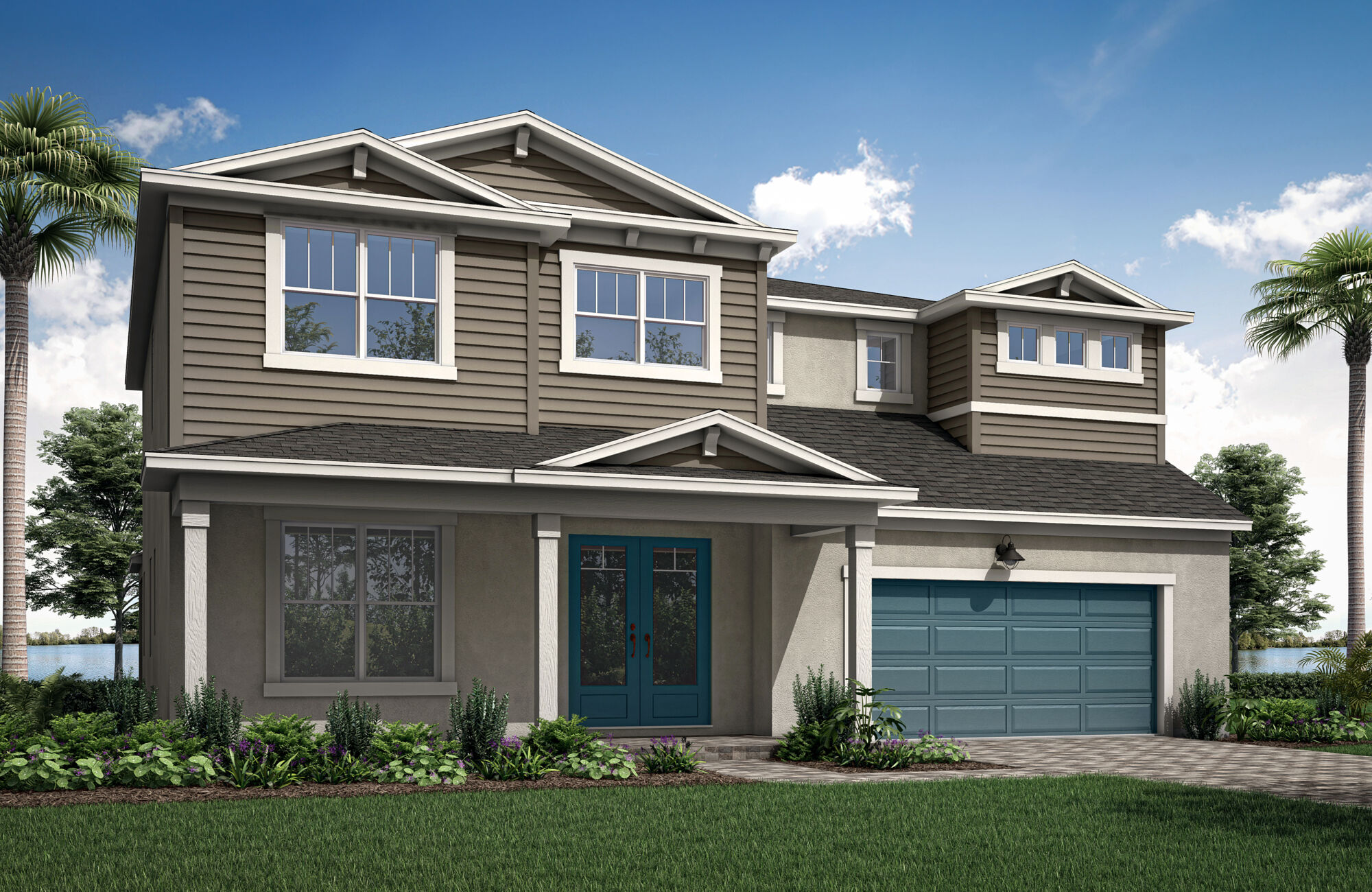  Elevation Front with garage, window, door and exterior clapboard
