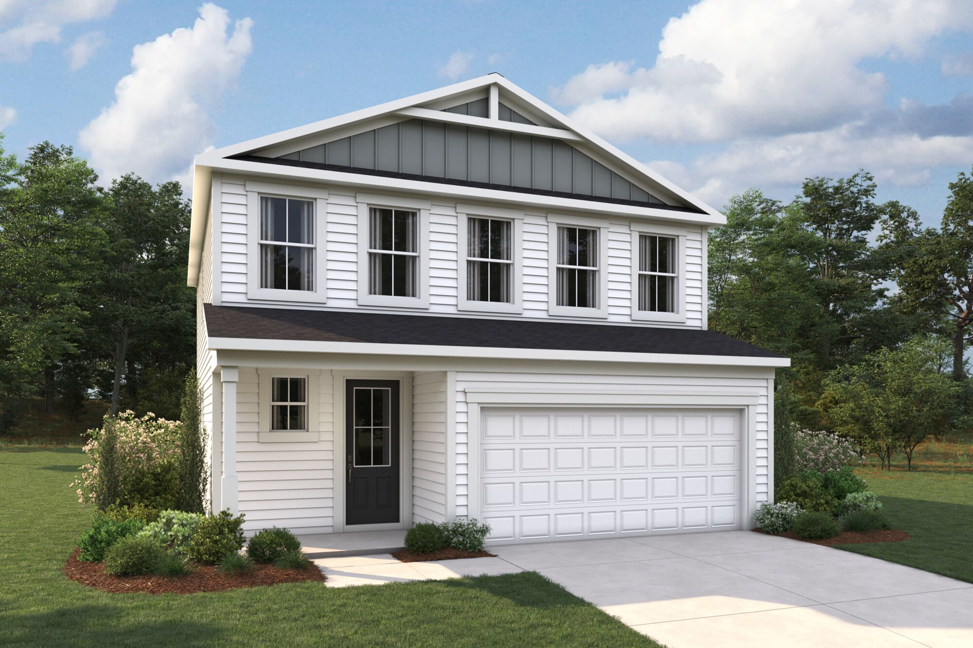  Elevation Front with garage, door, window and exterior clapboard