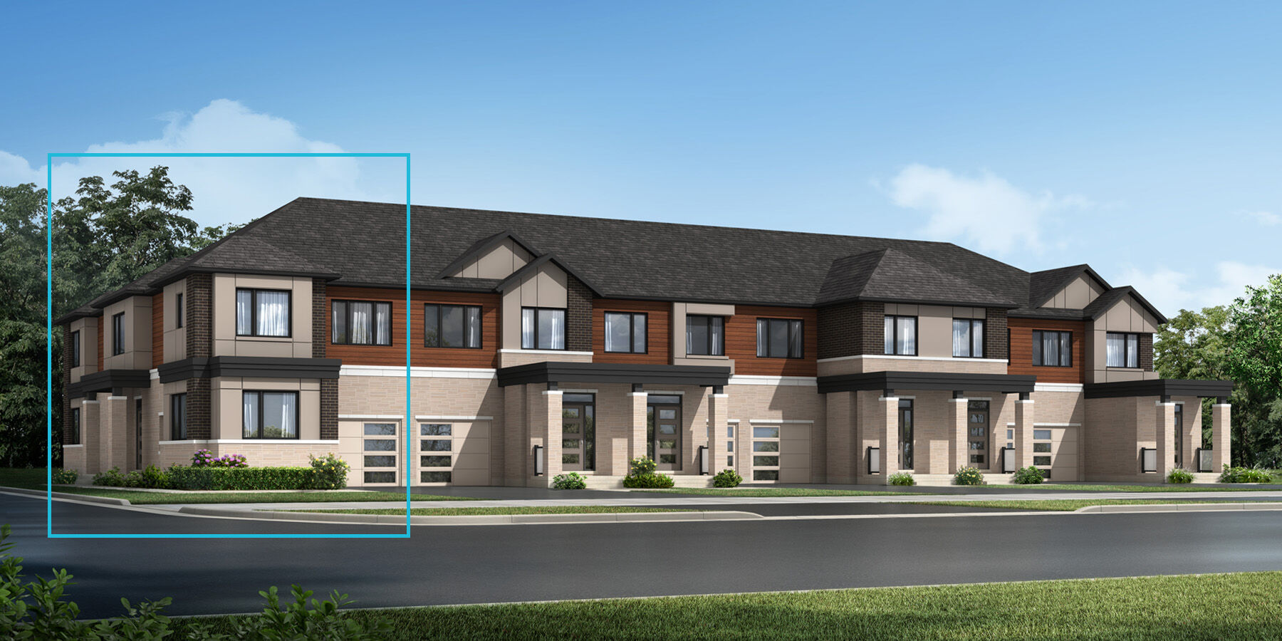  Town Homes with door, window, garage and exterior clapboard