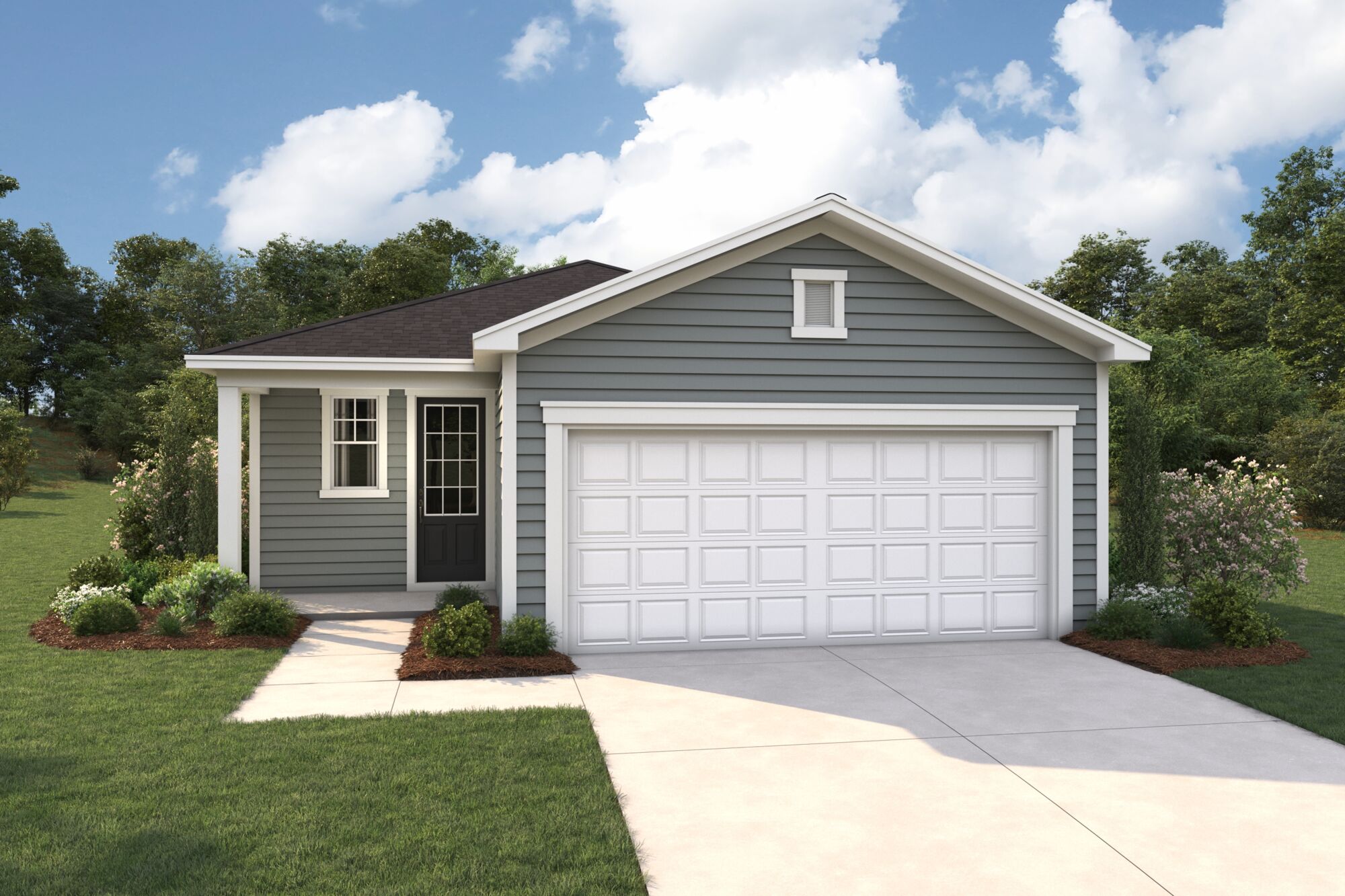  Elevation Front with garage, window, door and exterior clapboard