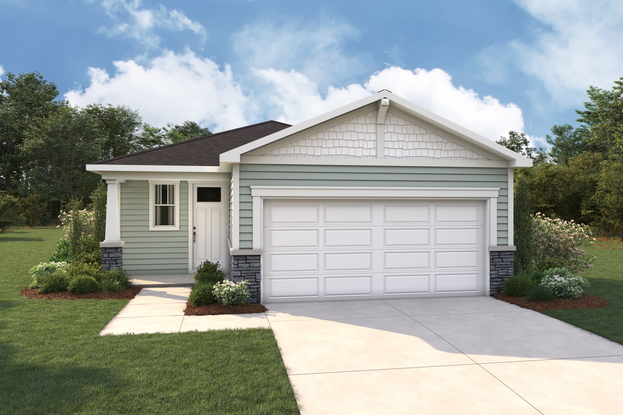  Elevation Front with garage, window, door and exterior stone