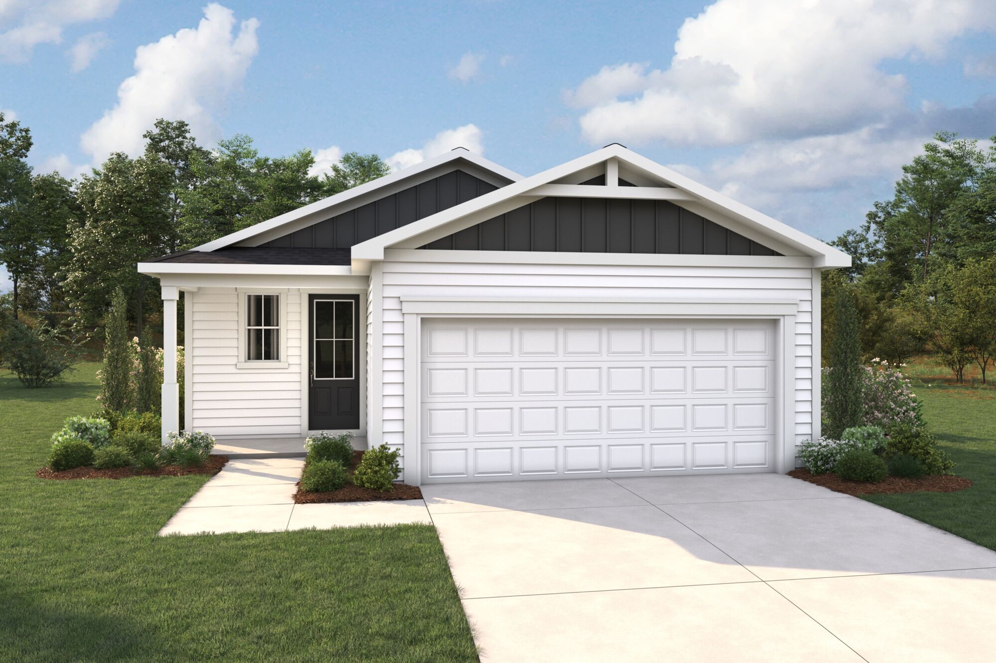  Elevation Front with garage, window, door and exterior clapboard