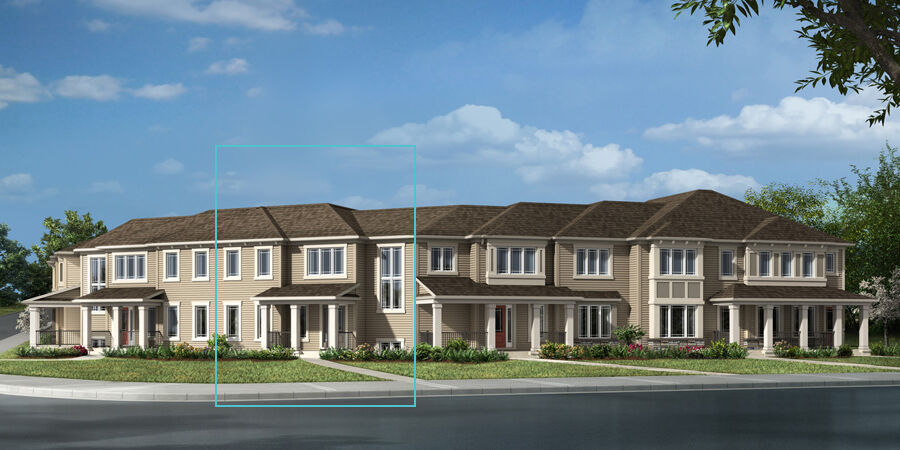 Brinkley I Corner townhome model with prairie elevation. Large window sits above porch with a large window to the right side.