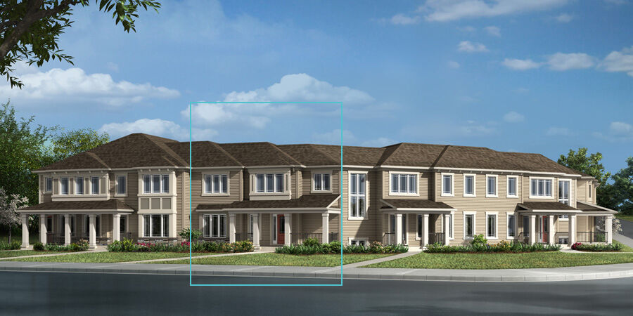 Brinkley II Corner townhome model with prairie elevation. 3 large windows sits above porch with a large window to the left side of door.
