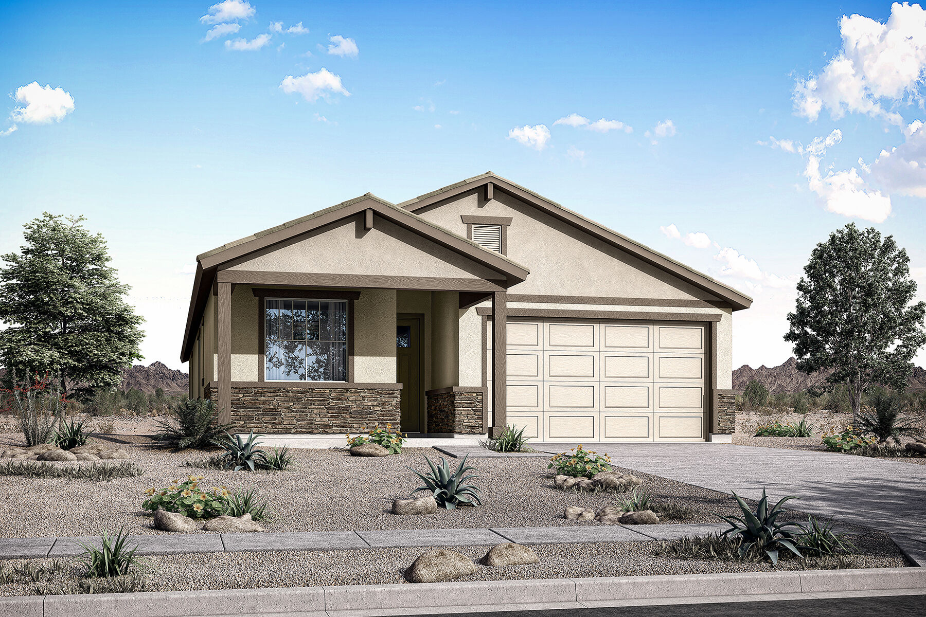  Elevation Front with window, garage, door and exterior stone