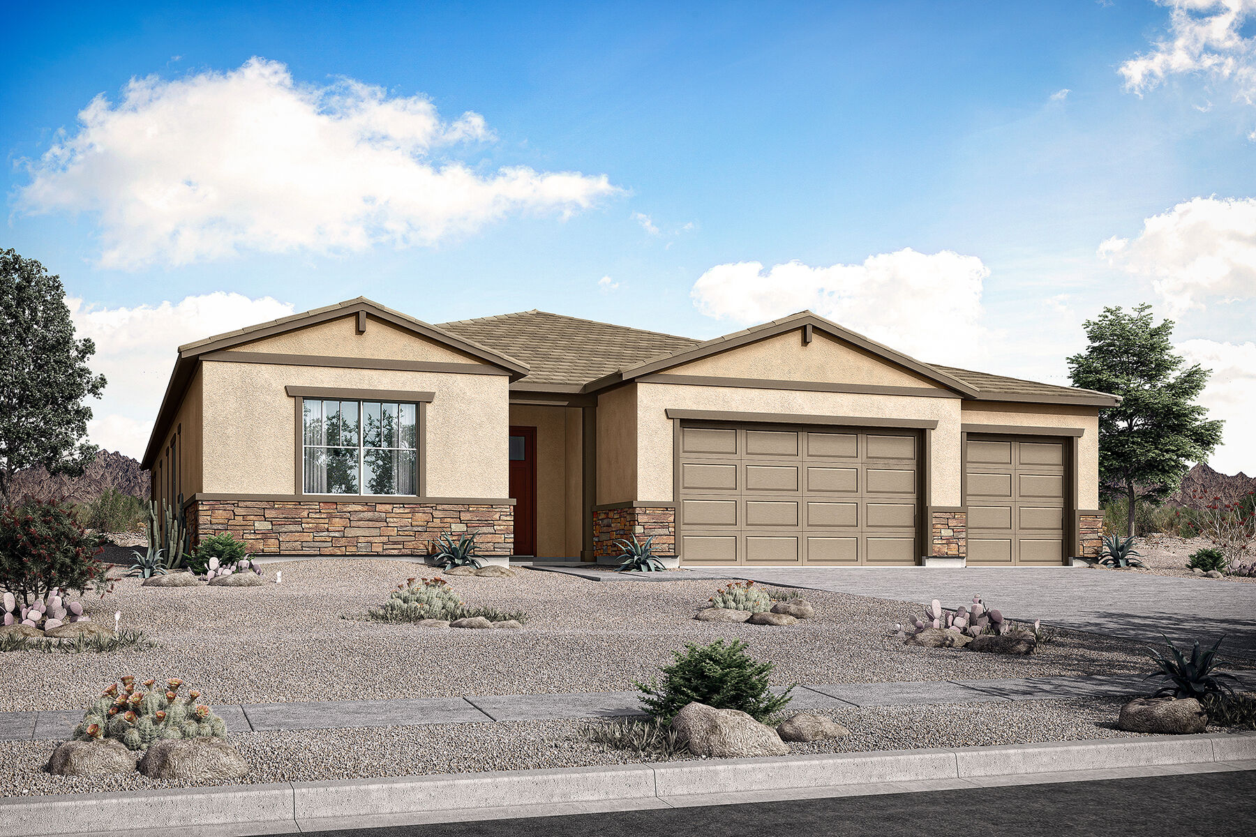  Elevation Front with garage, door, window and exterior stone