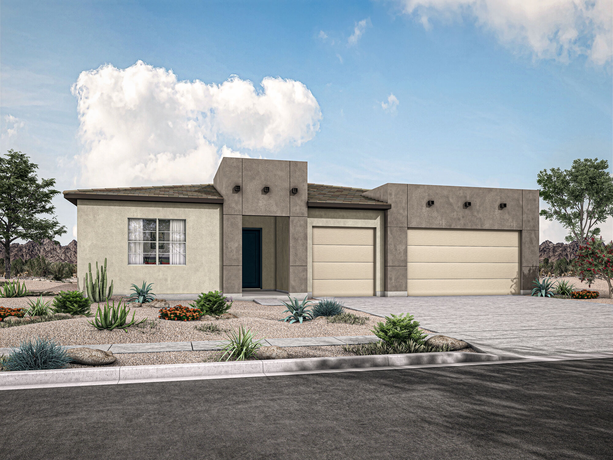  Elevation Front with garage, window, door and exterior brick