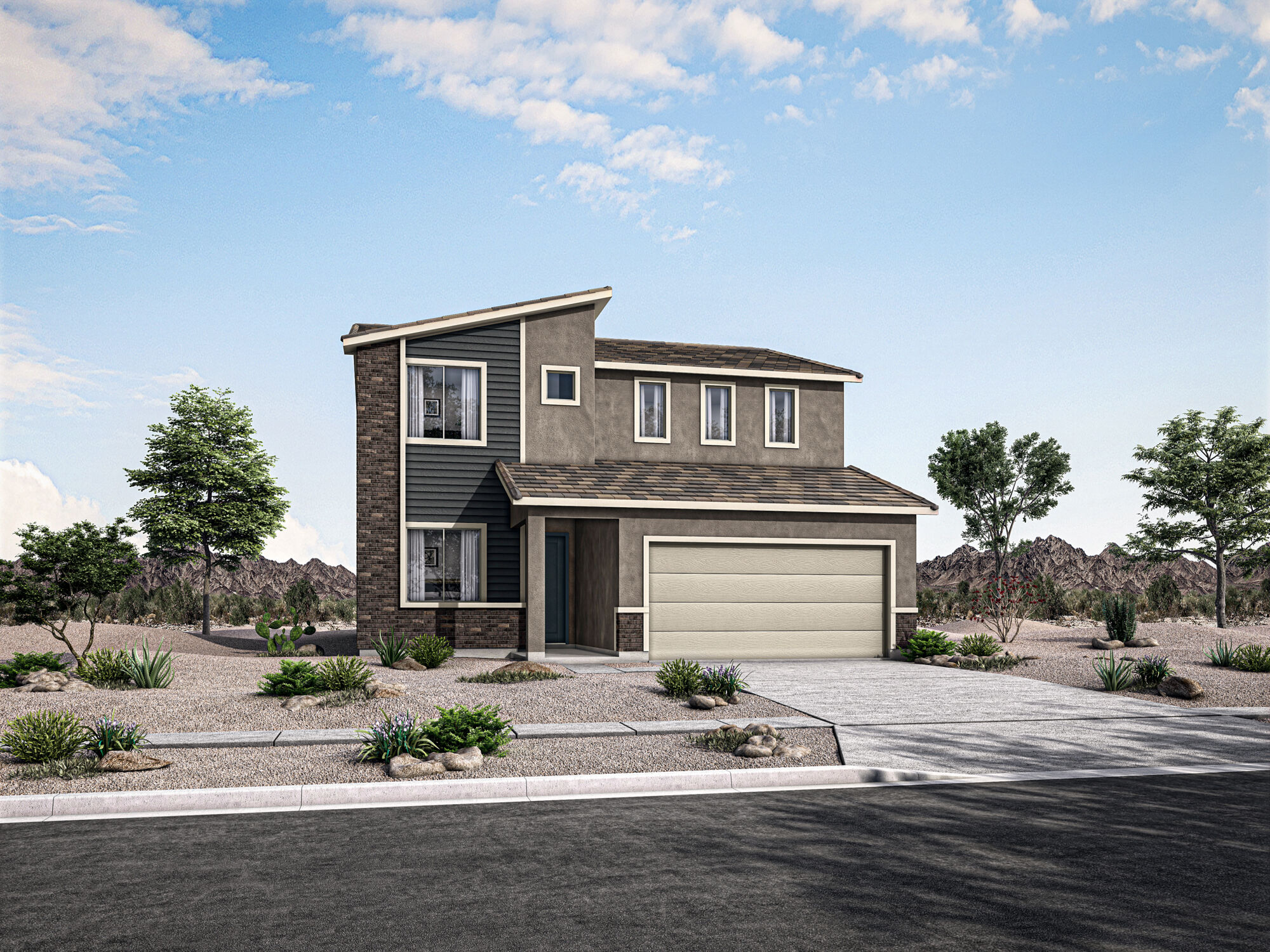 Elevation Front with garage, window, door and exterior brick