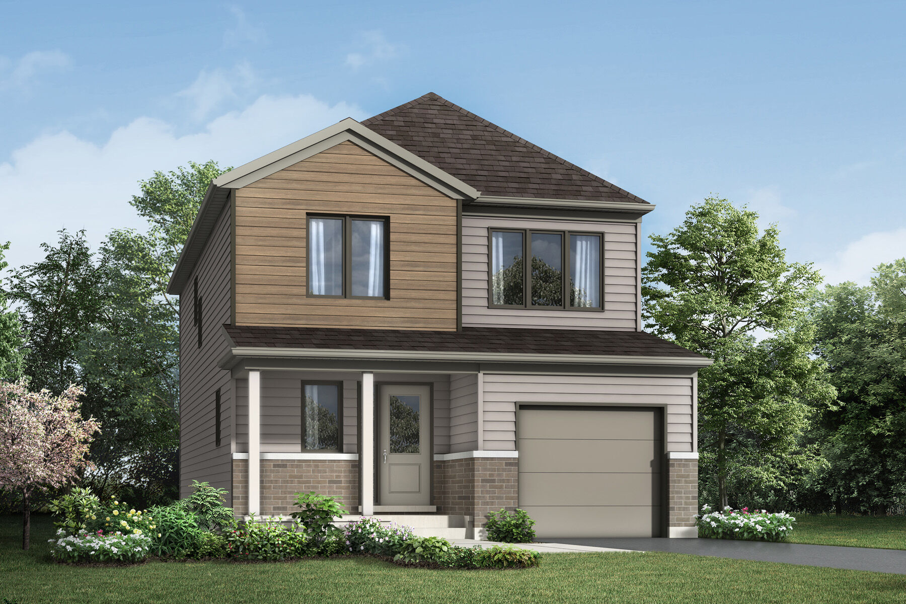  Elevation Front with garage, door, window, exterior stone and exterior clapboard