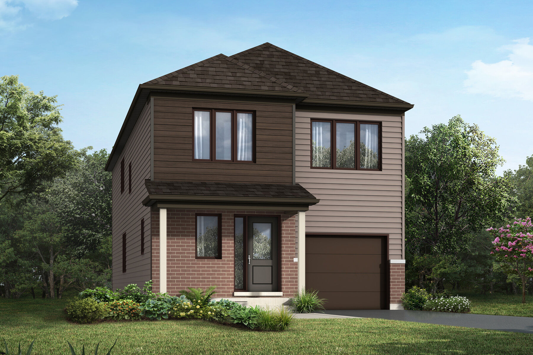  Elevation Front with garage, door, window and exterior clapboard