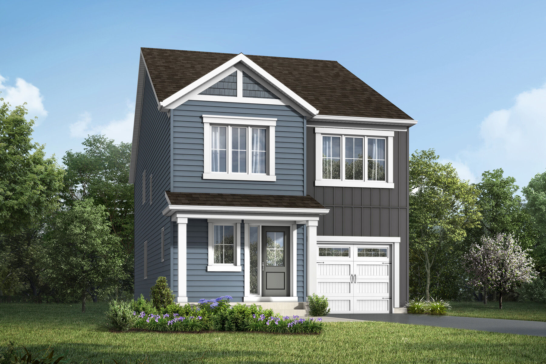Elevation Front with garage, door, window and exterior clapboard