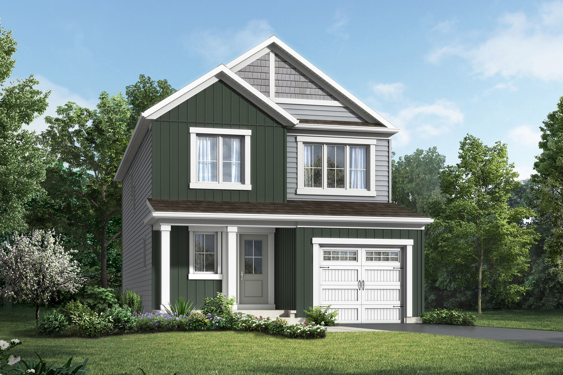 Elevation Front with garage, window, door and exterior clapboard
