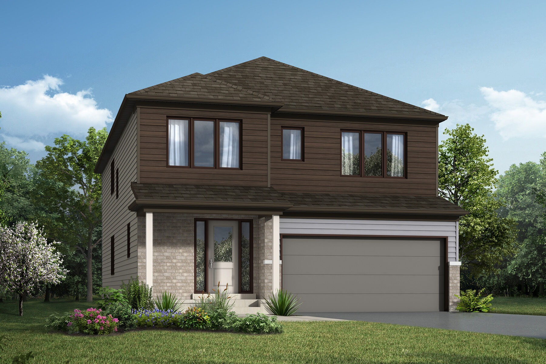  Elevation Front with garage, window, door and exterior clapboard