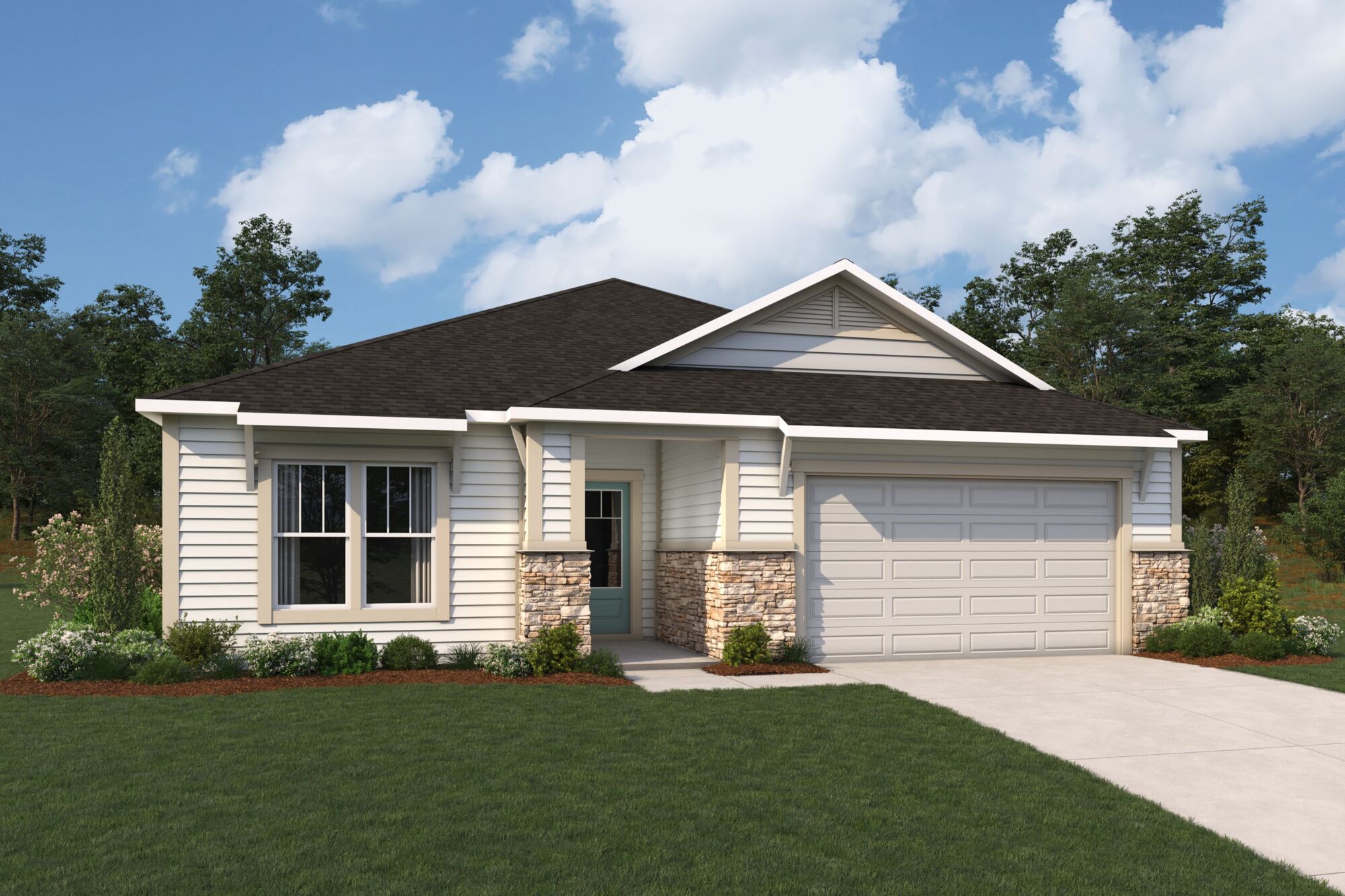  Elevation Front with garage, window, door and exterior stone