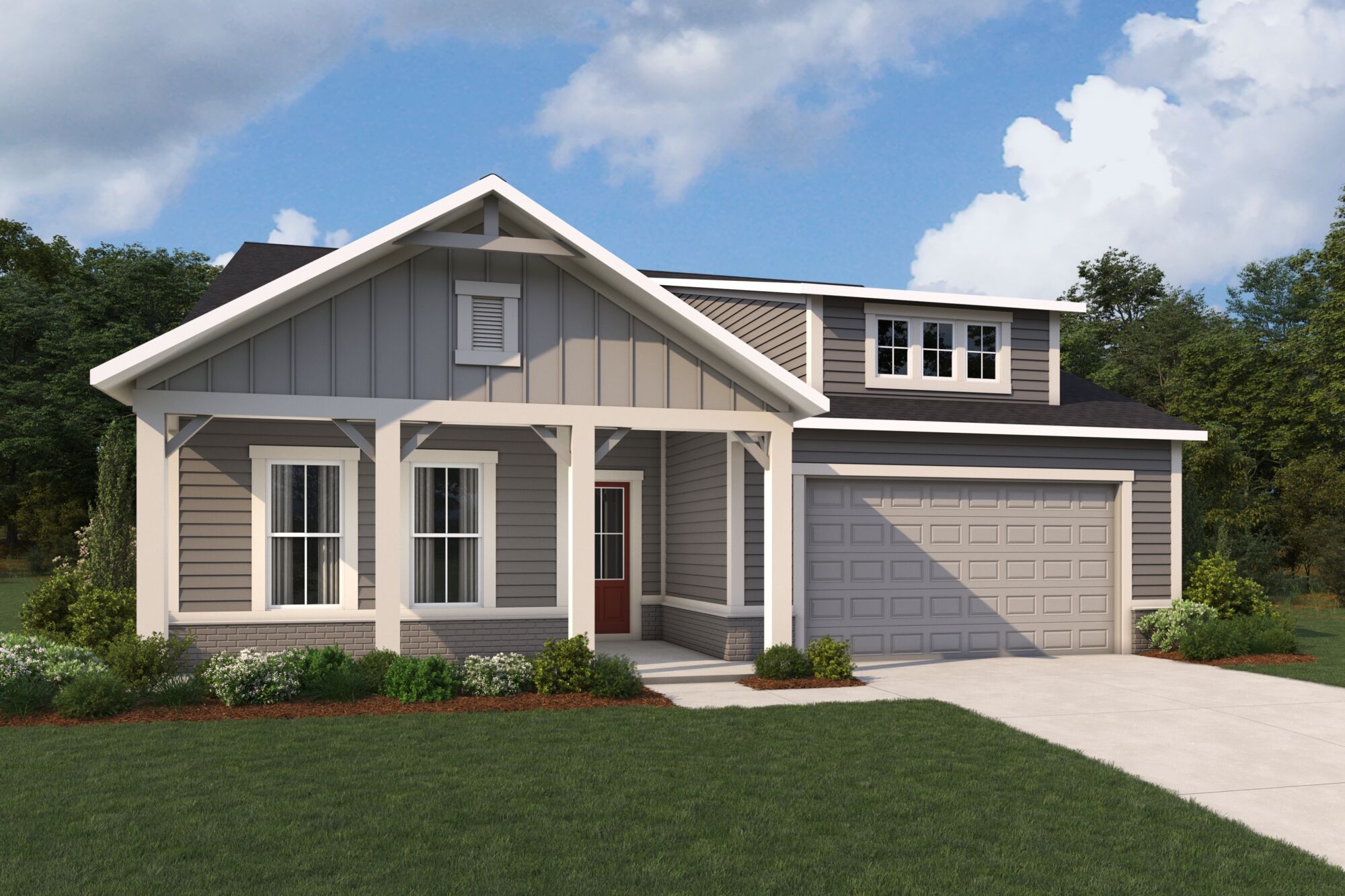  Elevation Front with garage, window, door and exterior clapboard