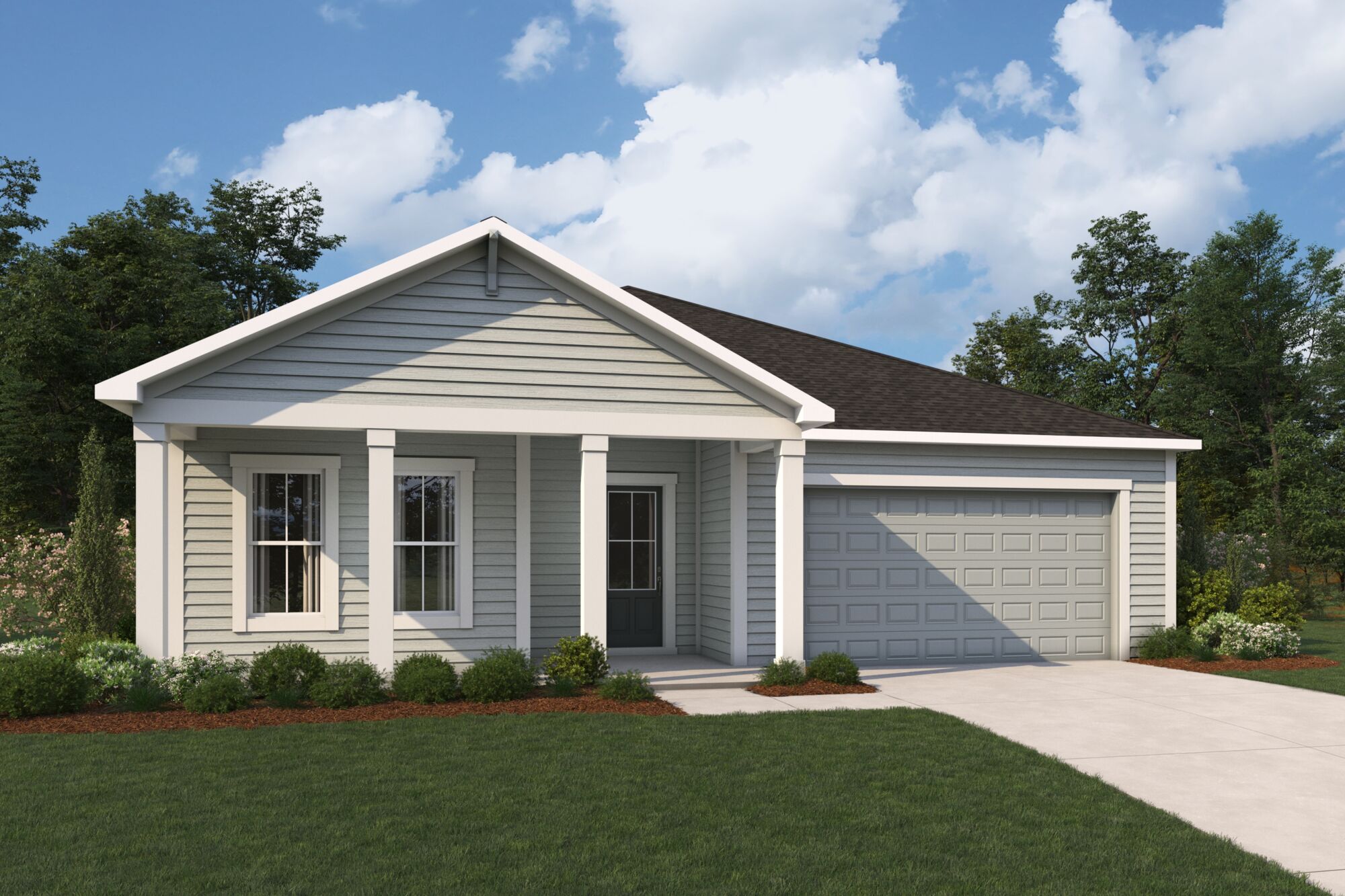  Elevation Front with garage, window, door and exterior clapboard