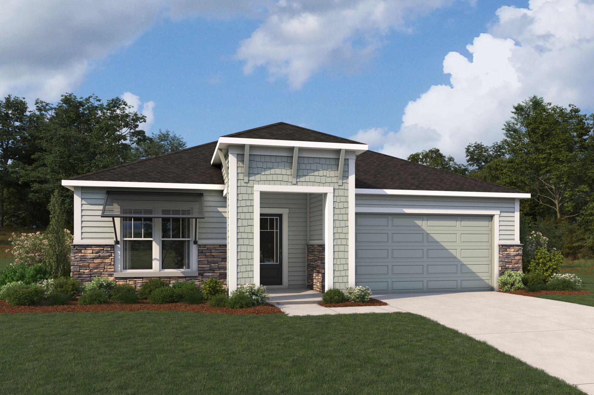 Elevation Front with window, garage, door and exterior stone