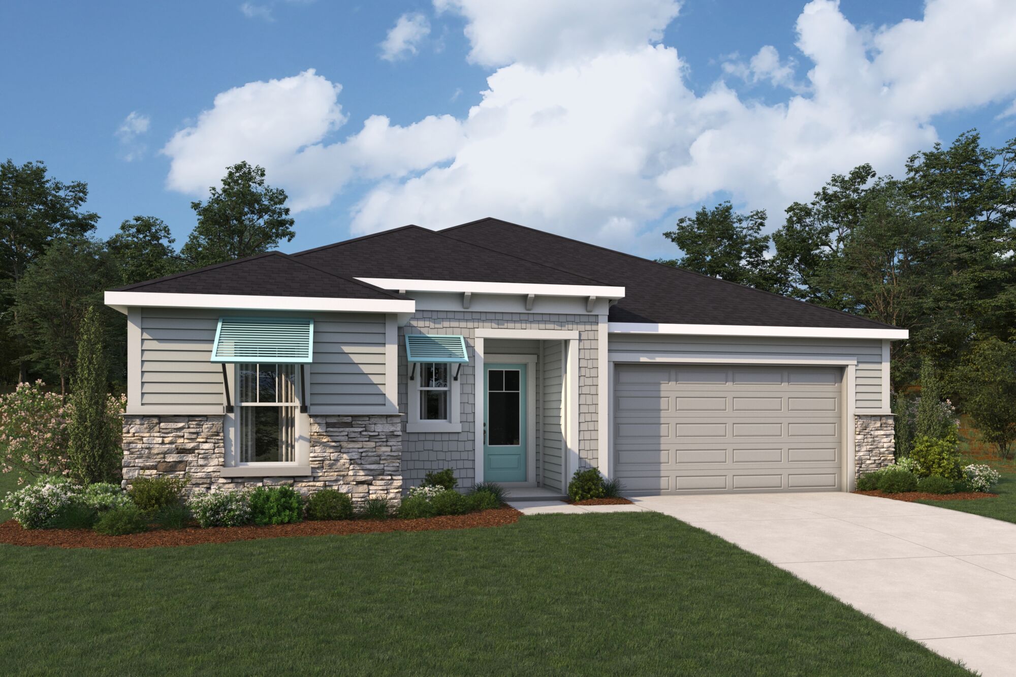 Elevation Front with window, garage, door and exterior stone