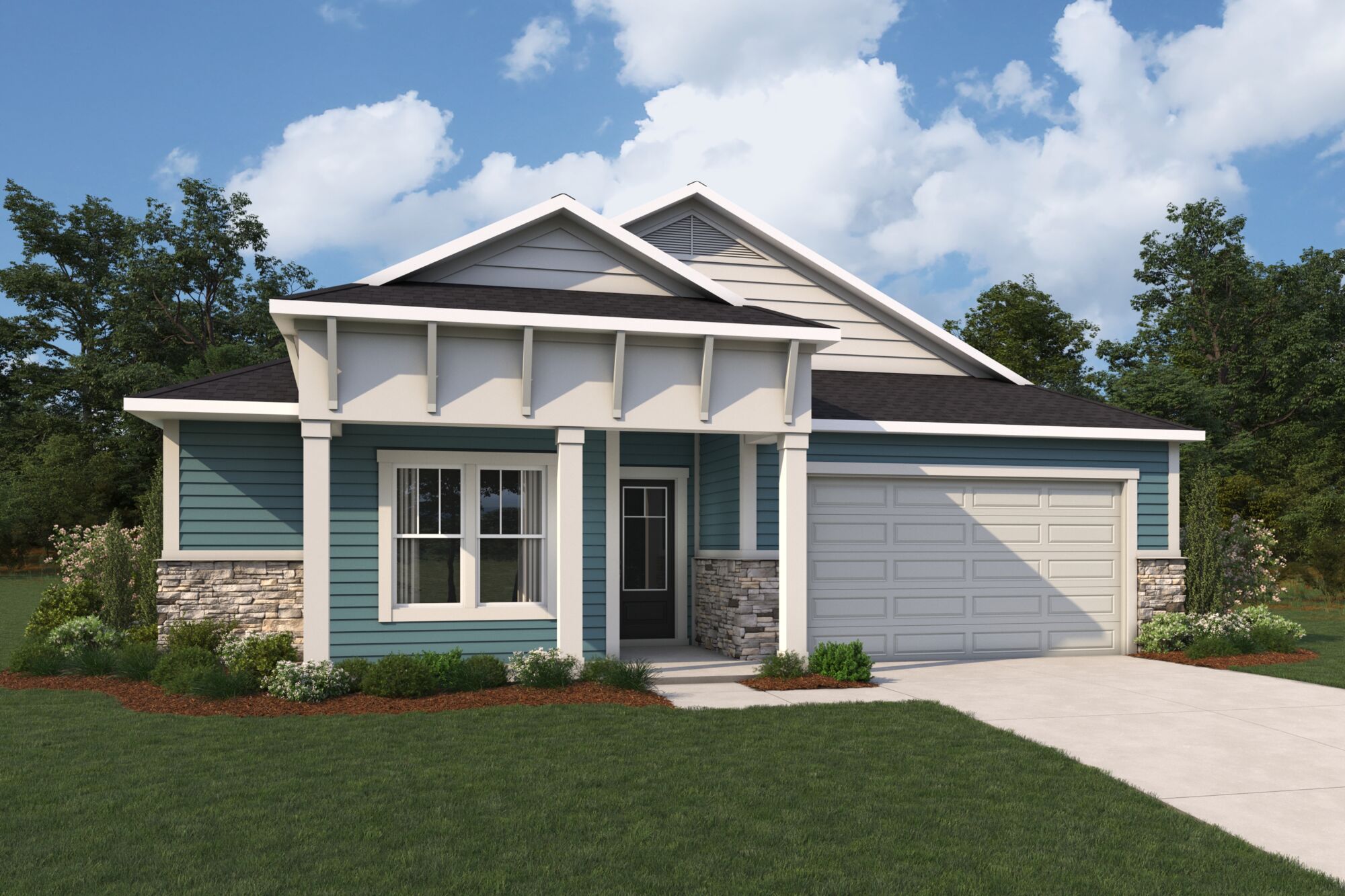 Elevation Front with garage, window, door, exterior stone and exterior clapboard