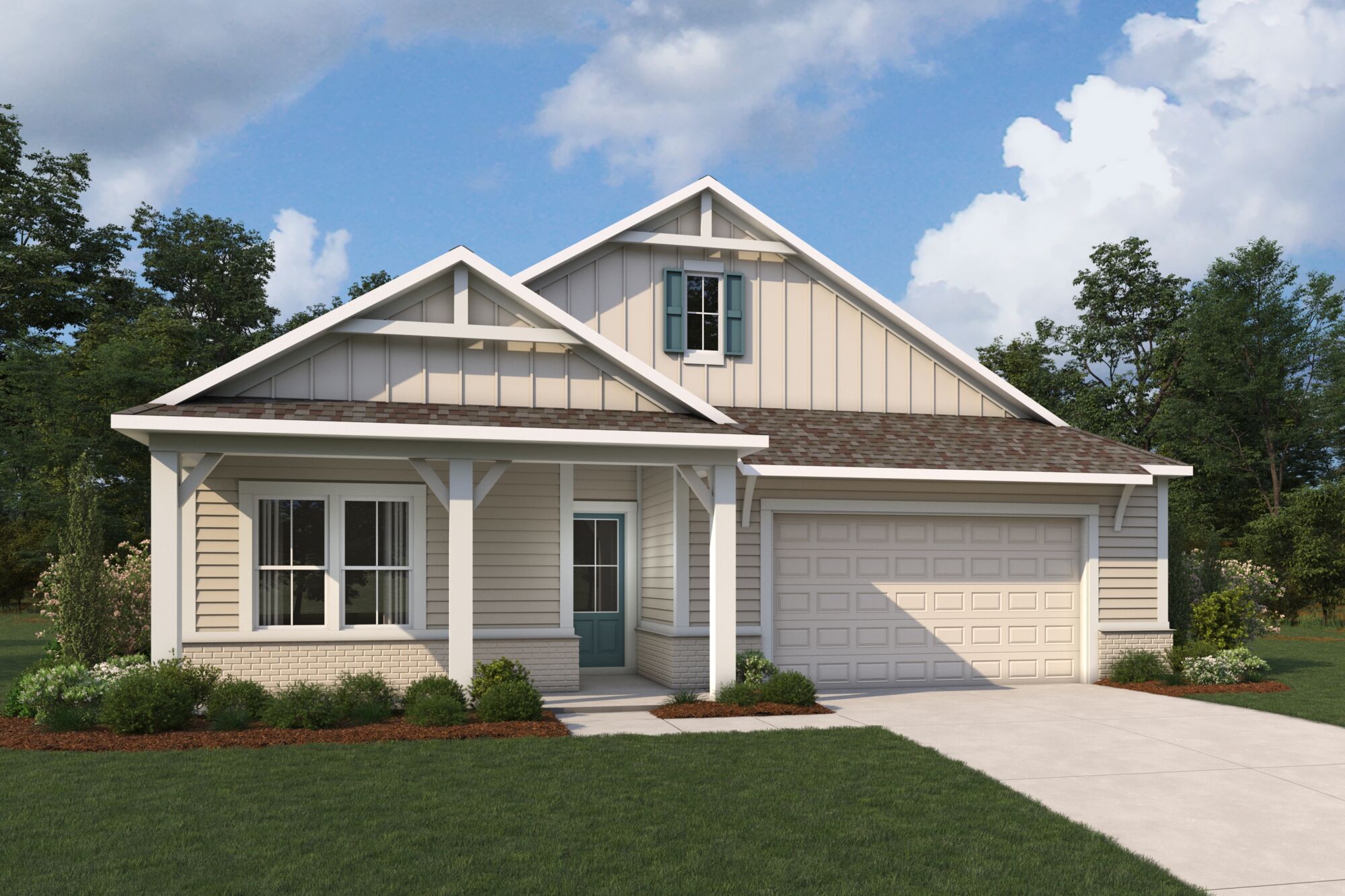  Elevation Front with window, garage, door and exterior clapboard