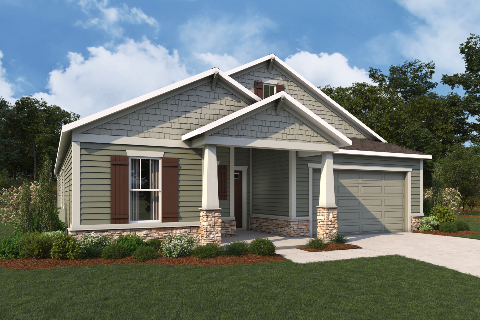  Elevation Front with window, garage, door and exterior clapboard