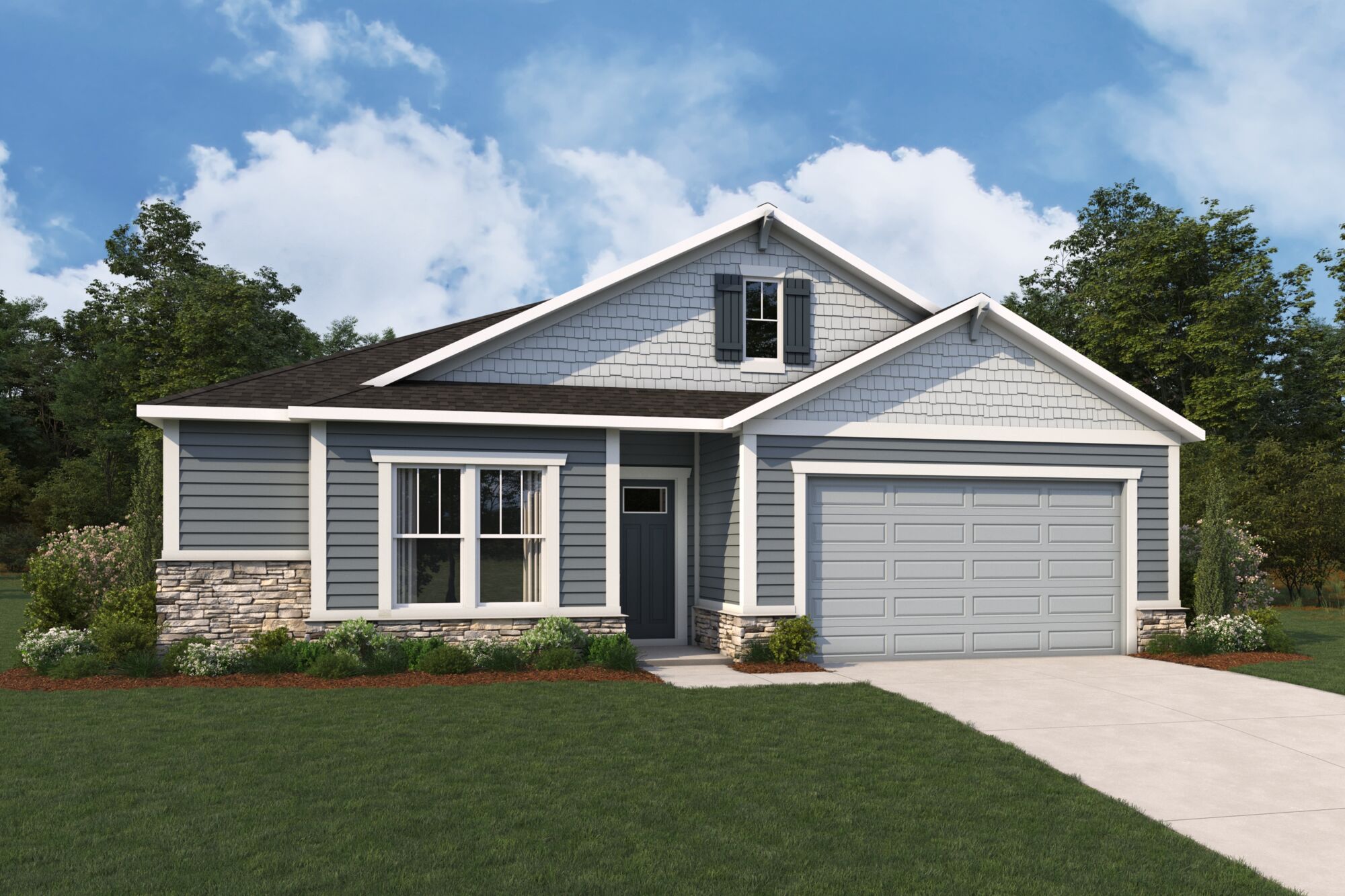  Elevation Front with window, garage, door and exterior stone
