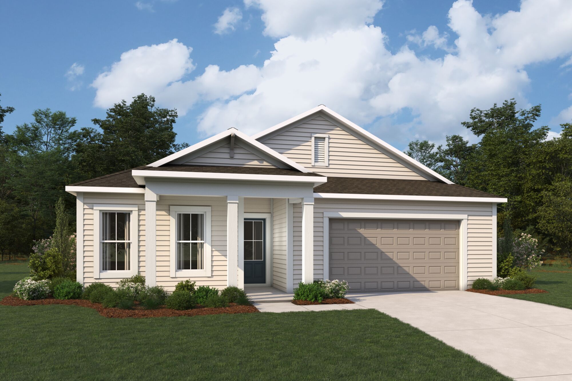  Elevation Front with garage, window, door and exterior clapboard