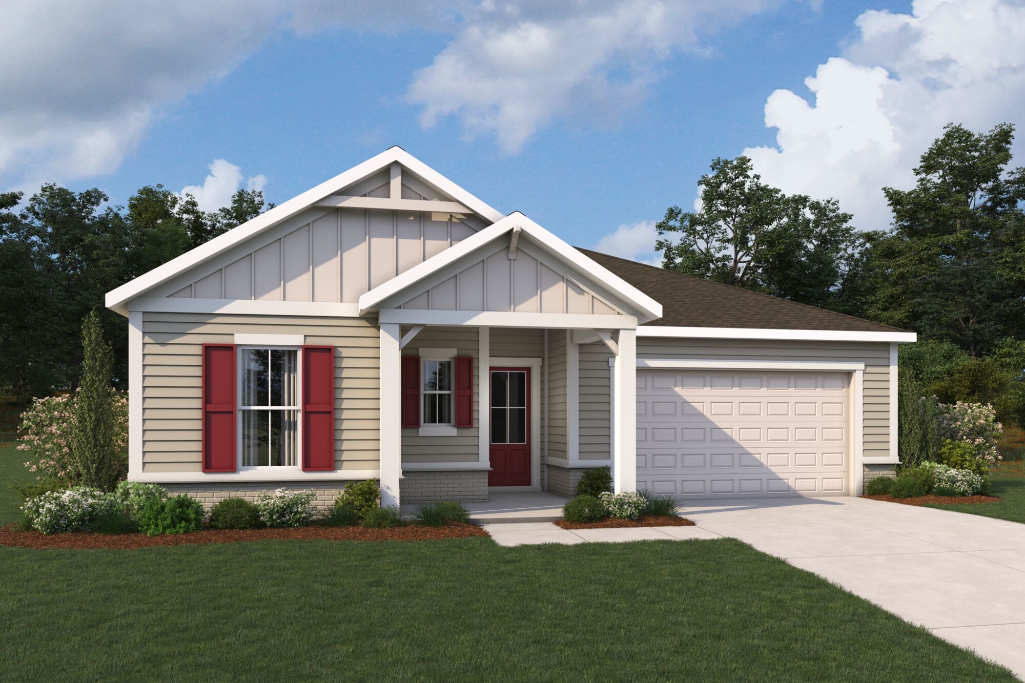  Elevation Front with window, garage, door and exterior clapboard