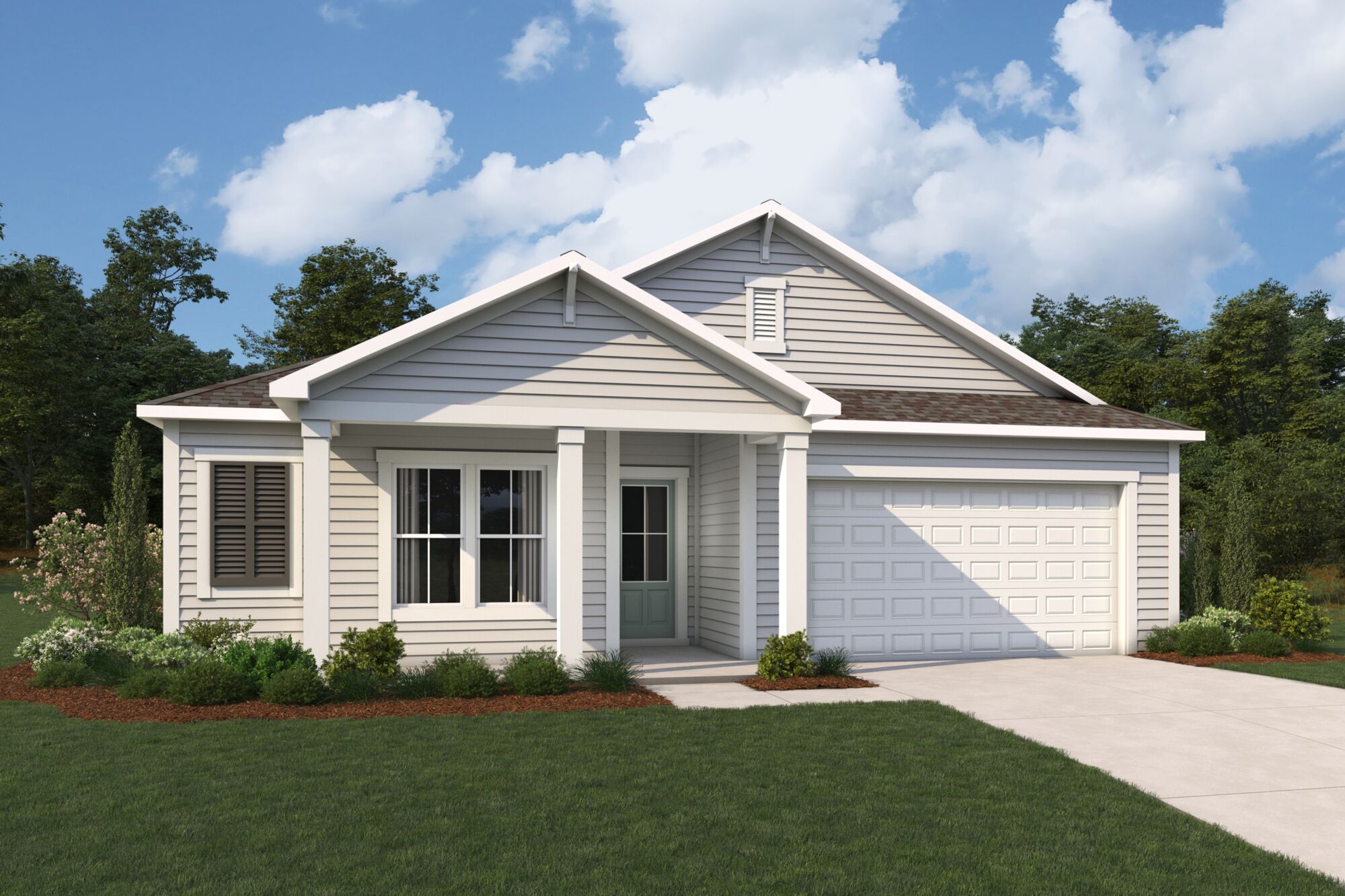  Elevation Front with garage, window, door and exterior clapboard