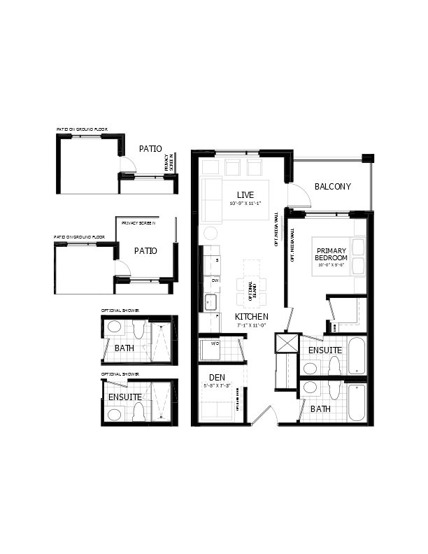 1 Bedroom + Den Floorplan - Total 745-822 sf